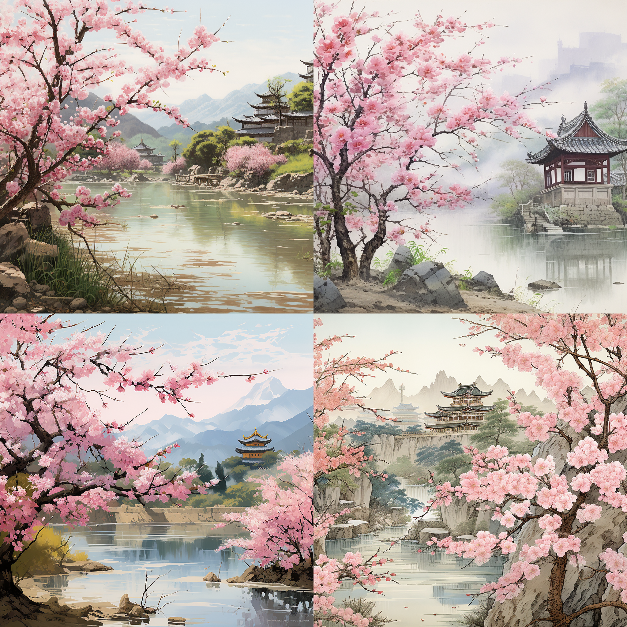 a tranquil scene with peach blossoms in full bloom next to a bamboo grove. the vibrant flowers are arrayed in a wide expanse, creating a serene and picturesque setting. the bamboo trees provide a lush backdrop, enhancing the tranquility of the scene. the blossoms appear delicate and graceful, with soft petals in shades of pink and white. the combination of the blooming peach blossoms and the bamboo grove evokes a sense of harmony and beauty with nature