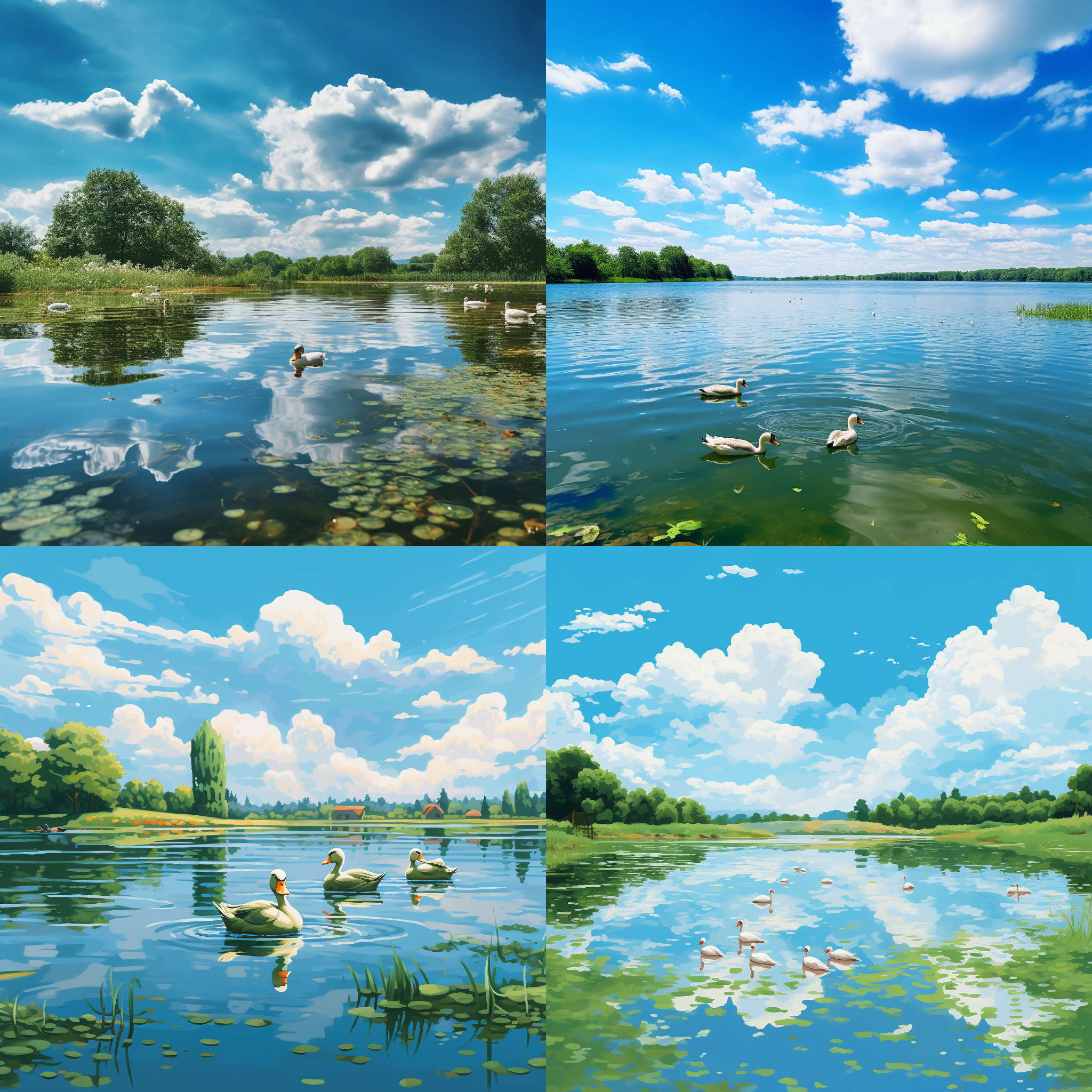 a green lake with a group of ducks floating on the surface. the water is calm and reflects the surrounding landscape, creating a peaceful and serene atmosphere. the ducks are swimming gracefully, with their wings flapping gently and their heads bobbing up and down. the sky is clear and blue, with white clouds drifting by. the overall scene is one of tranquility and beauty, capturing the essence of nature