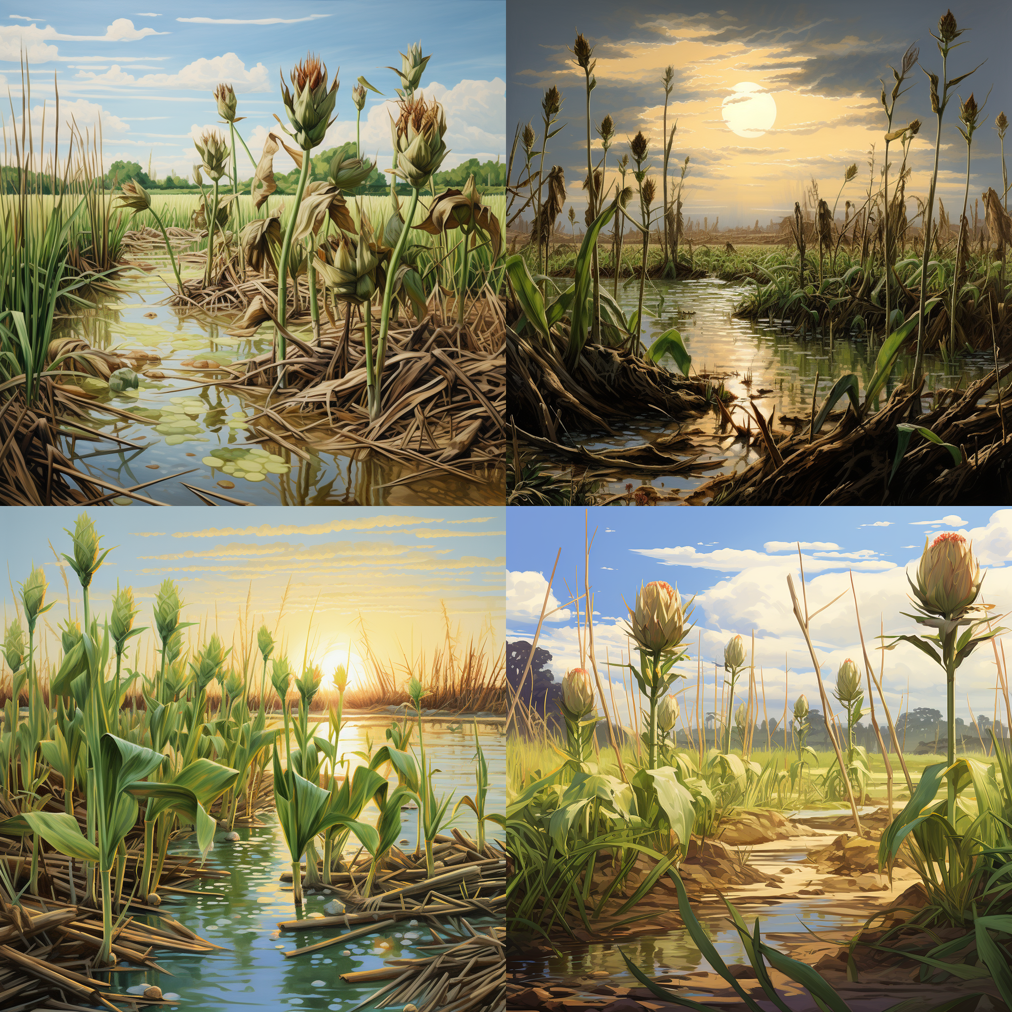 the ground is covered with chinese artichokes, and the reed shoots are short and stubby. the scene is set in a marshland during spring, with the sun shining overhead and the fresh green leaves contrasting against the brown stems of the reeds