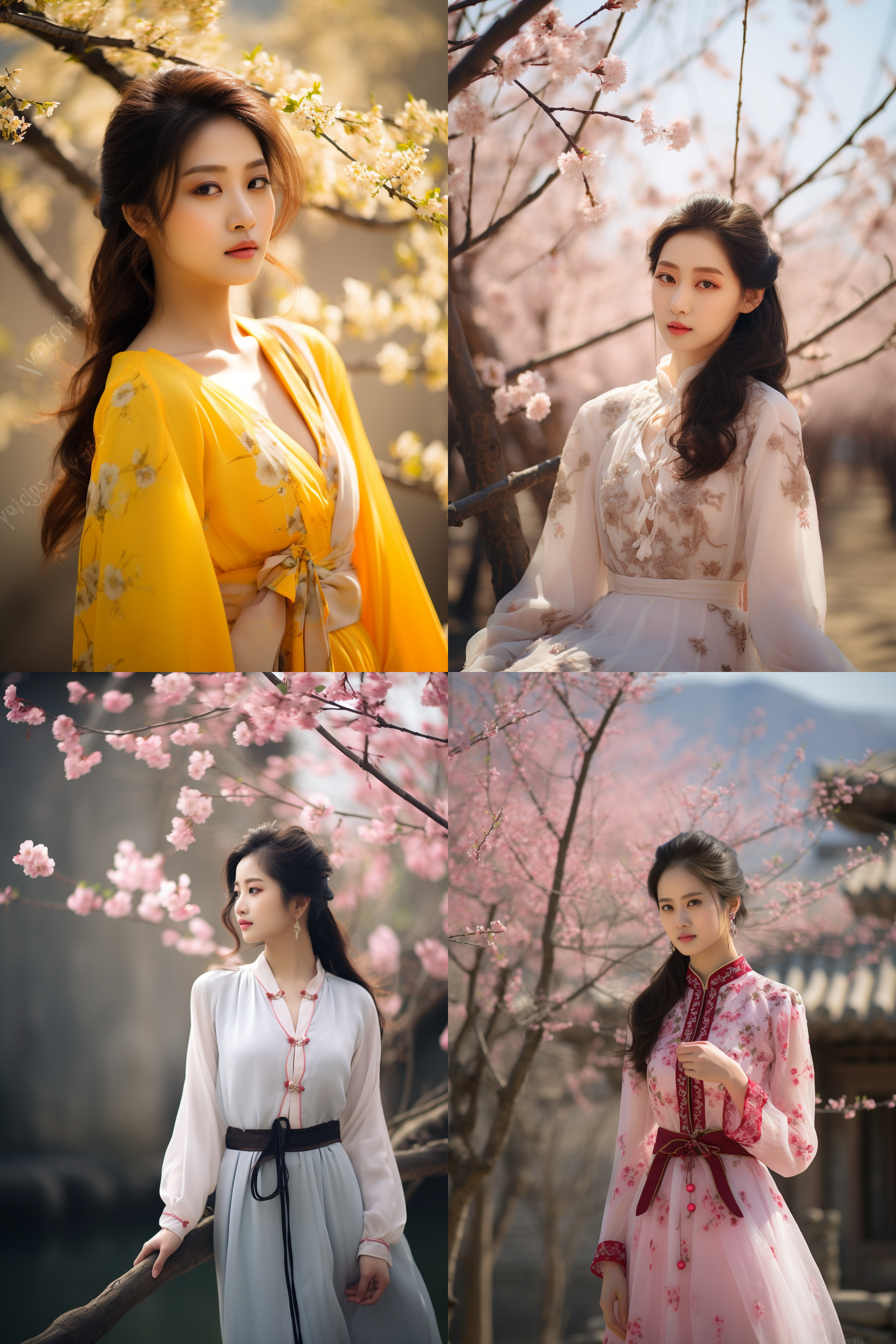 中国女孩，套裙服饰，春日摄影，明亮光线， 清新自然，户外风景，肖像模式，中焦镜头，自然姿态，
