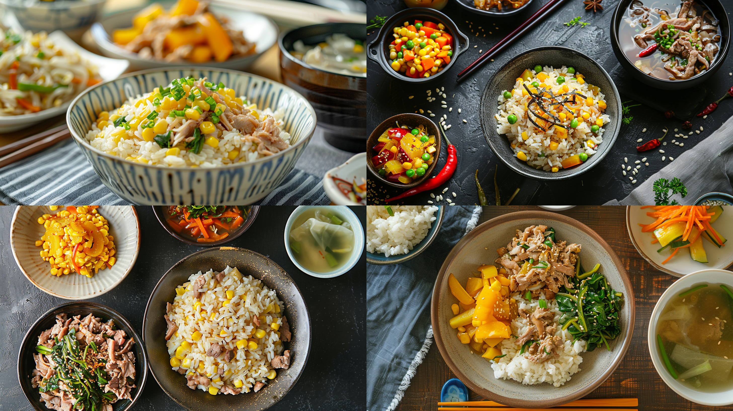一碗玉米混合大米的饭，一碟黄色青椒炒肉丝，一碟蒜炒白菜，冬瓜海带汤，中午，餐桌 照片写实