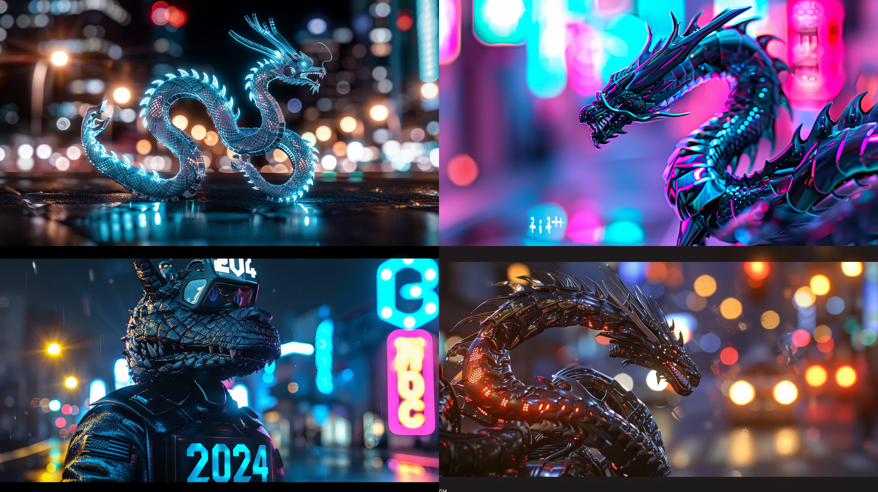 中国龙，数字"2024"，赛博朋克，机甲，科幻，模糊繁华都市背景，未来感，霓虹灯光，50mm定焦镜头，对角线布局，高饱和度，夜晚，机械装甲，威严。