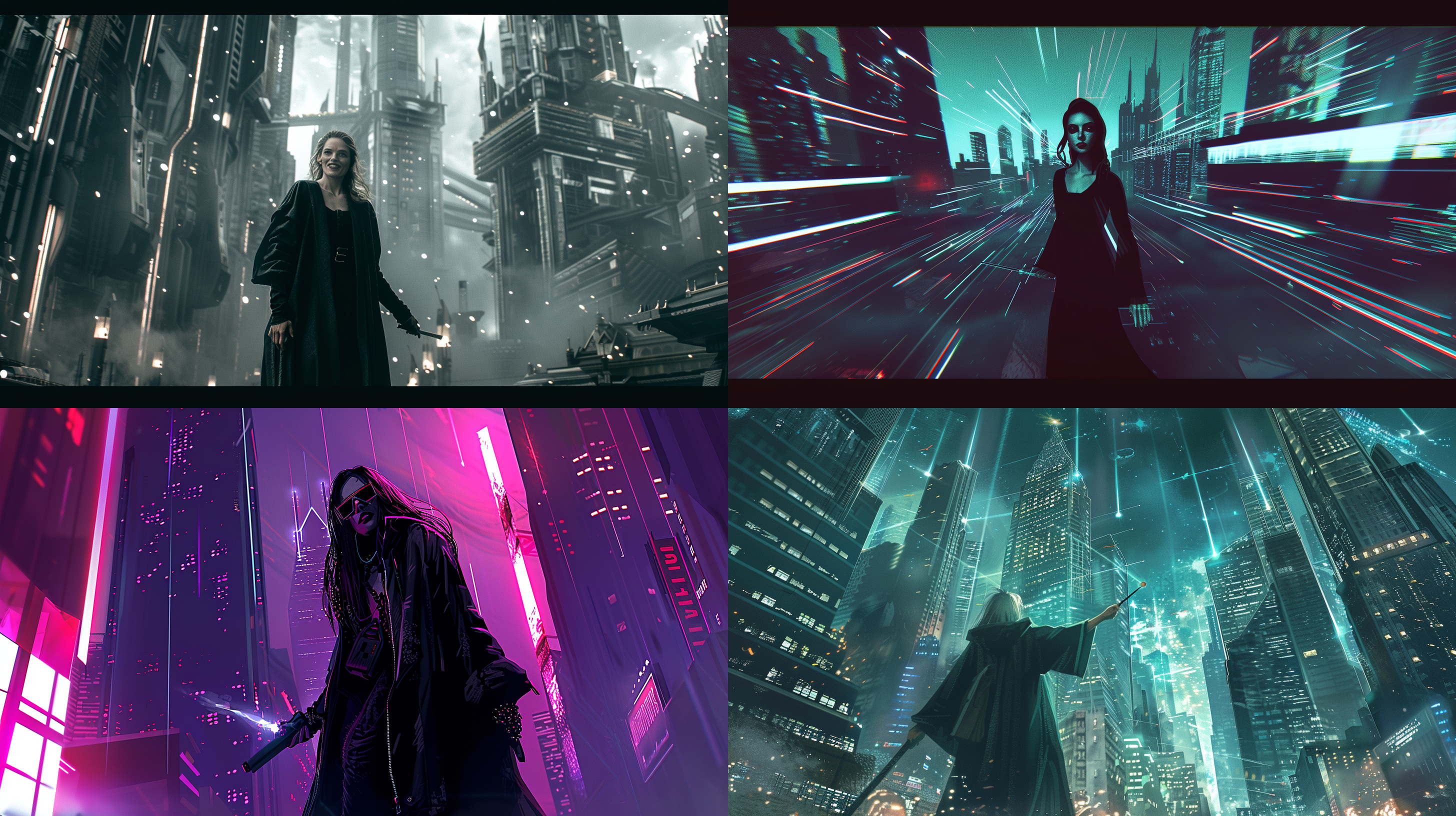 魔法和科技结合，一位女巫手持魔法法杖，站在未来的都市中，周围是高耸的摩天大楼和闪烁的霓虹灯。她身穿黑色长袍，面带微笑，眼神透露着自信和神秘。构图对称平衡，色调冷峻，使用鱼眼镜头，背景有悬浮的光束和流光溢彩。神秘、现代、魔幻、科技感、自信。