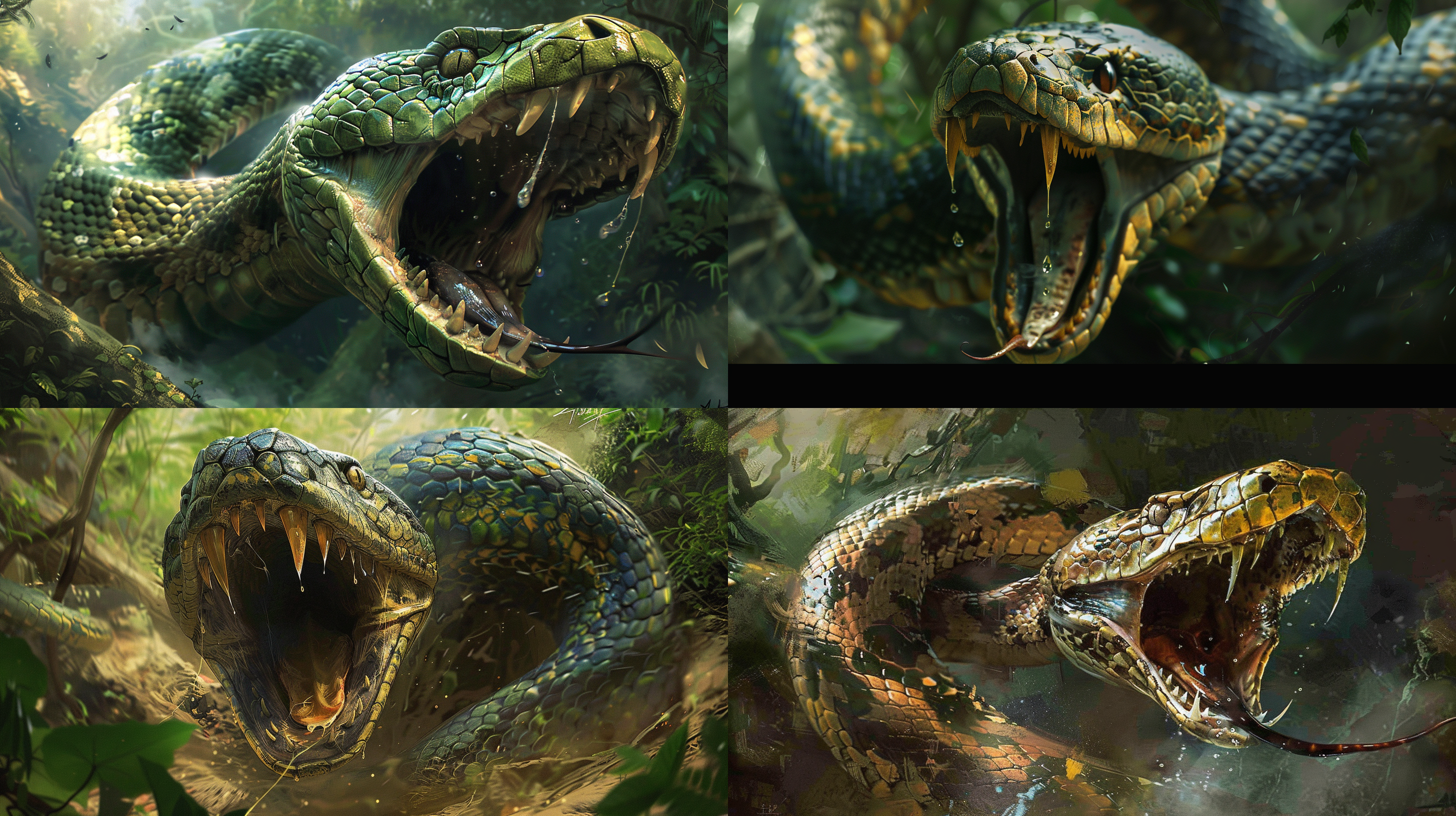 中国古代，凶猛的蛇张开大嘴巴向前扑过来，巨大蟒蛇露出锋利的牙齿，口水从牙齿留下，森林，高清晰，高细节