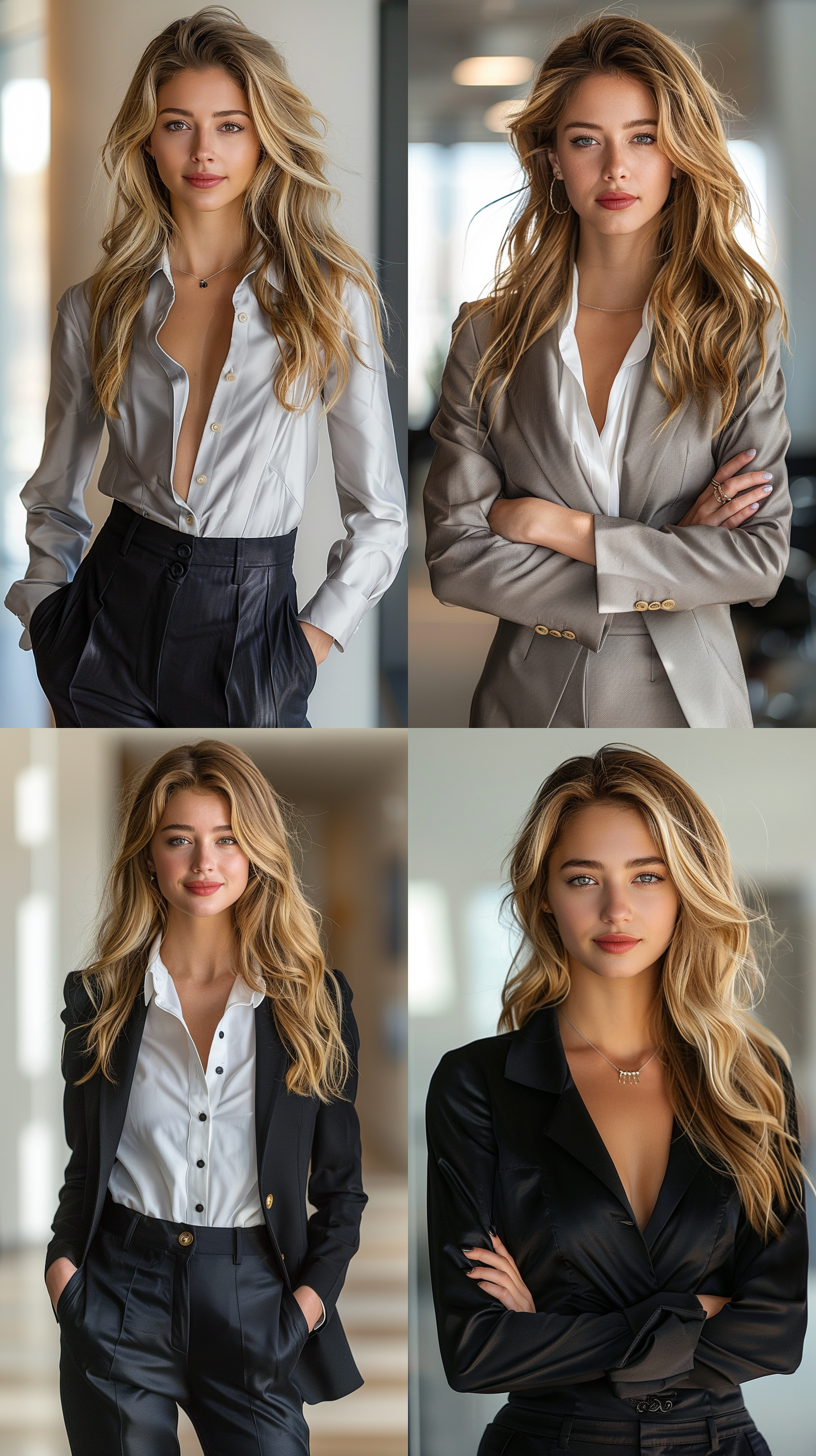 金融女职员，美国，金发，完美容貌，工作制服，全身肖像，正面拍摄，背景为现代办室，透视构图，明亮光线，中焦距镜头，自信微笑，专注目光，高饱和度，商务风格。