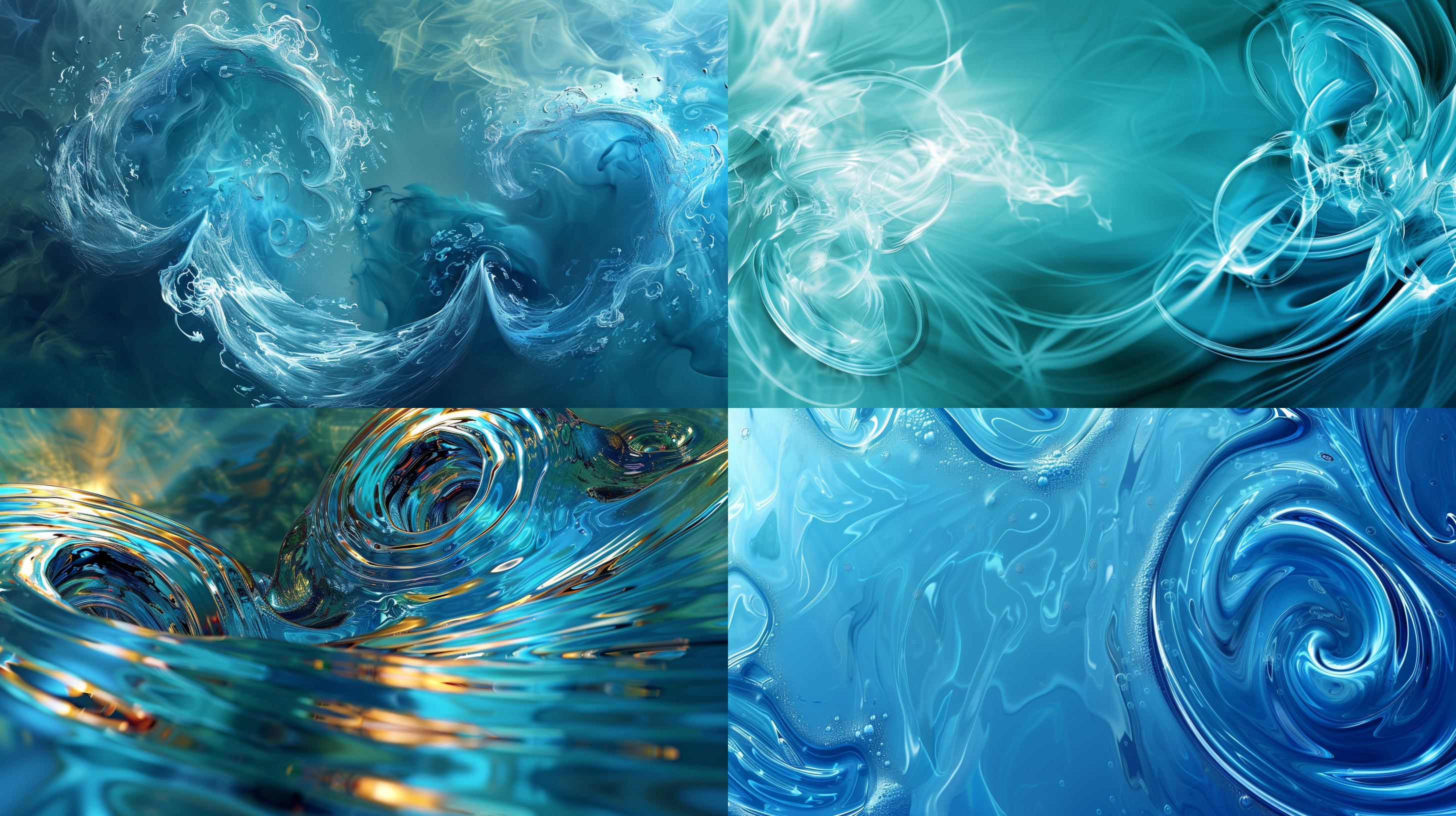 the blue background has two swirled shapes, there is no content in the upper half, in the style of internet academia, high horizon lines, chemical reactions, ps1 graphics, vibrant worlds, translucent water, central curved three-dimensional arc, curve shapes, blue-green