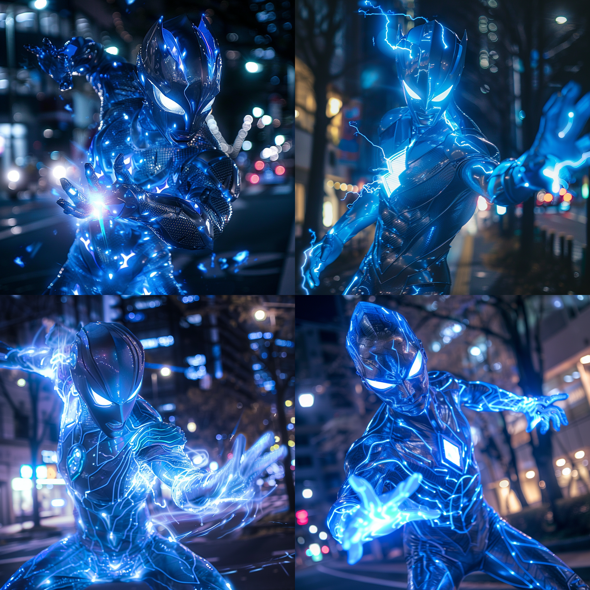奥特曼打怪兽，城市街头，夜晚，蓝色调，长焦镜头，特写，动态模糊，能量释放，激烈动作，光效，震撼。
