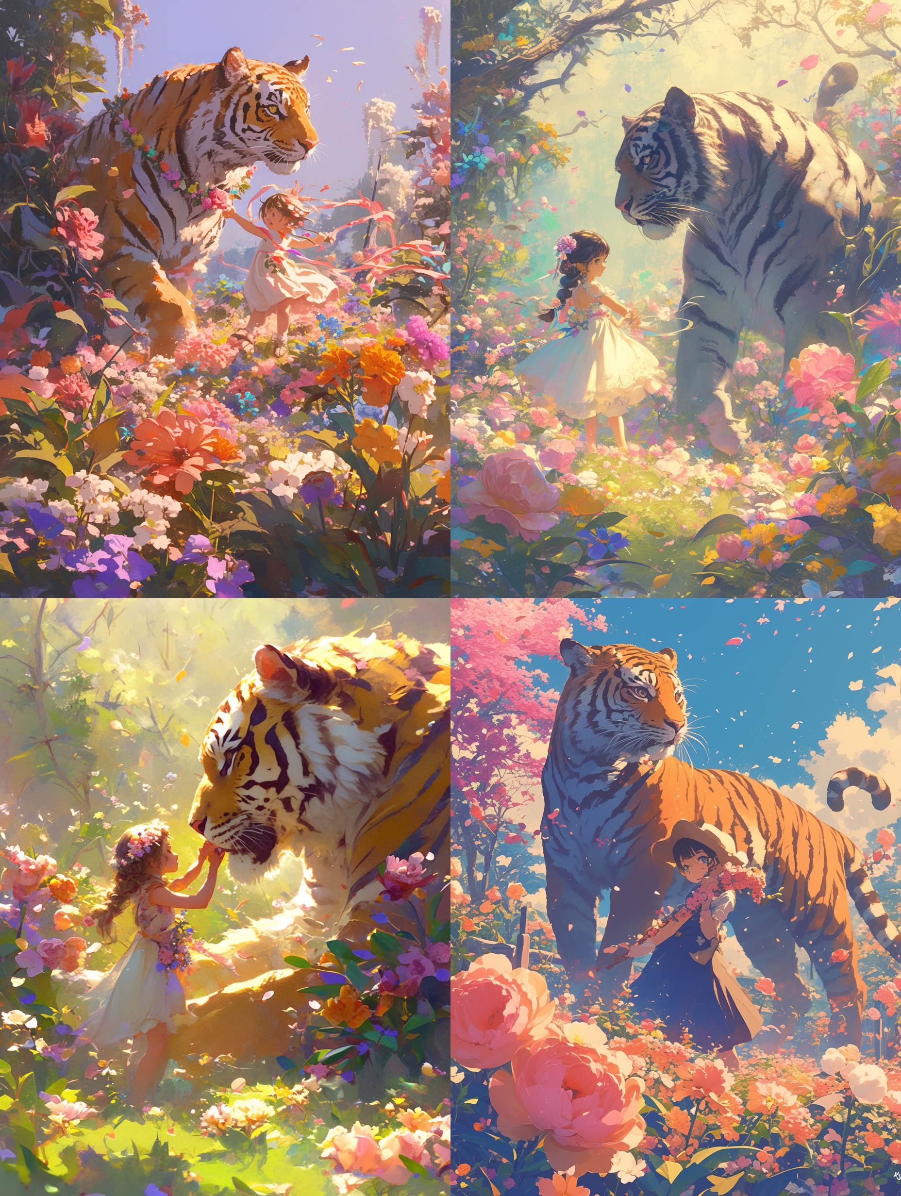 小女孩与老虎漫步花坛，精致春装，花环，温和威严，轻盈步伐，默契，鲜花绽放，奇幻写真，踏青场景，梦幻，高对比度，暖色调，广角镜头，自然光，梦幻色彩，令人陶醉。