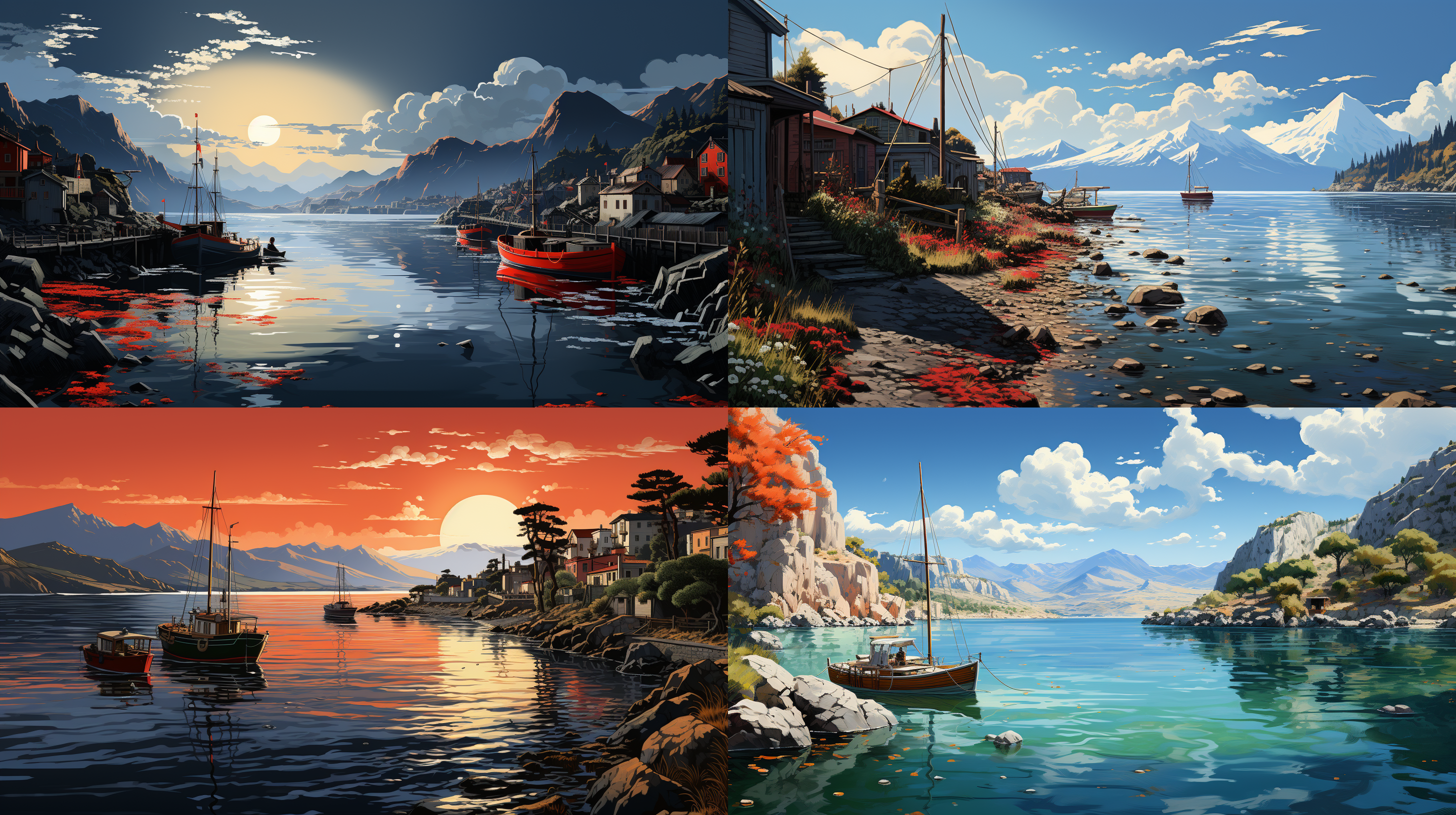 a cartoon of matt bors, söfia water and sky,in the styleof charming,idyllic rural scenes, maritime scenes, sereneseascapes, cabincore,captivating harbor views, nationageographic photo, white and red illustration, detailedilustration,detailed illustration by studio ghibli