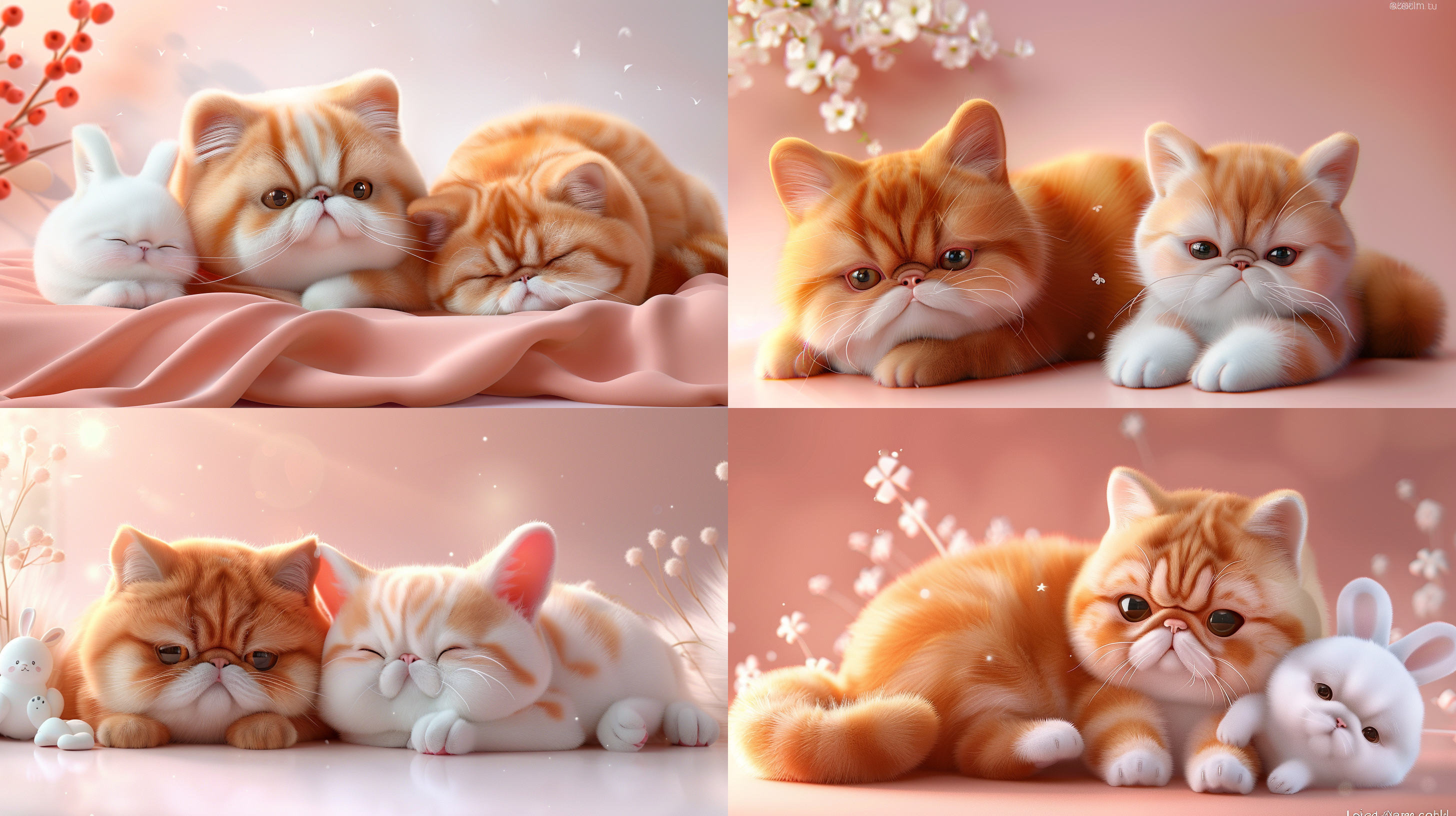 小猫和小兔子在睡觉，居中构图，浅粉色纯色背景，细节突出，静态，柔和光线，可爱，温暖，放松，清新。,
