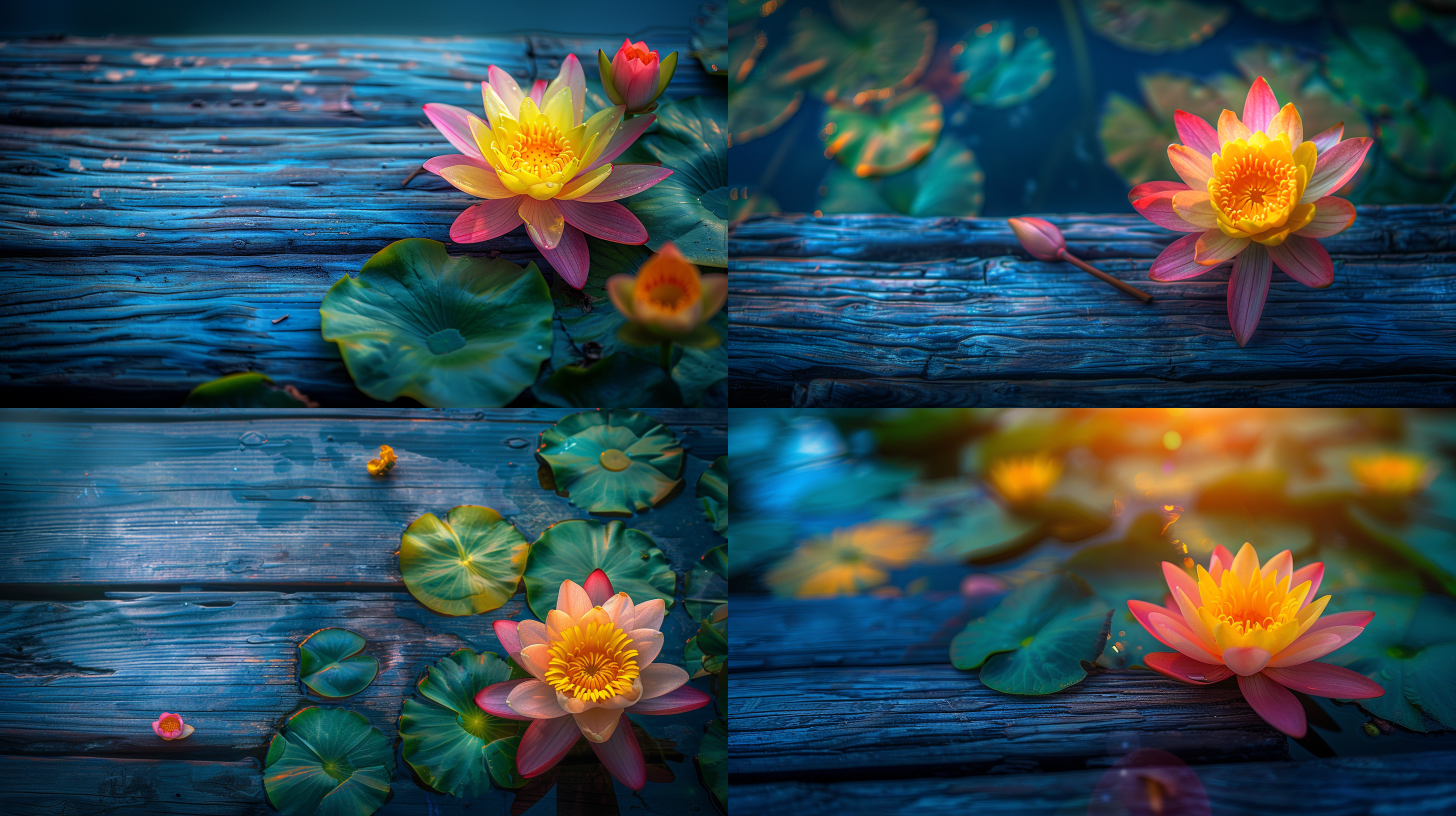 蓝色木纹板的缝隙里，钻出来一株莲花，盛开着金黄色的花朵，清晰纹理，透视感，艺术风格，细节突出，明亮光线，无人物，静态。