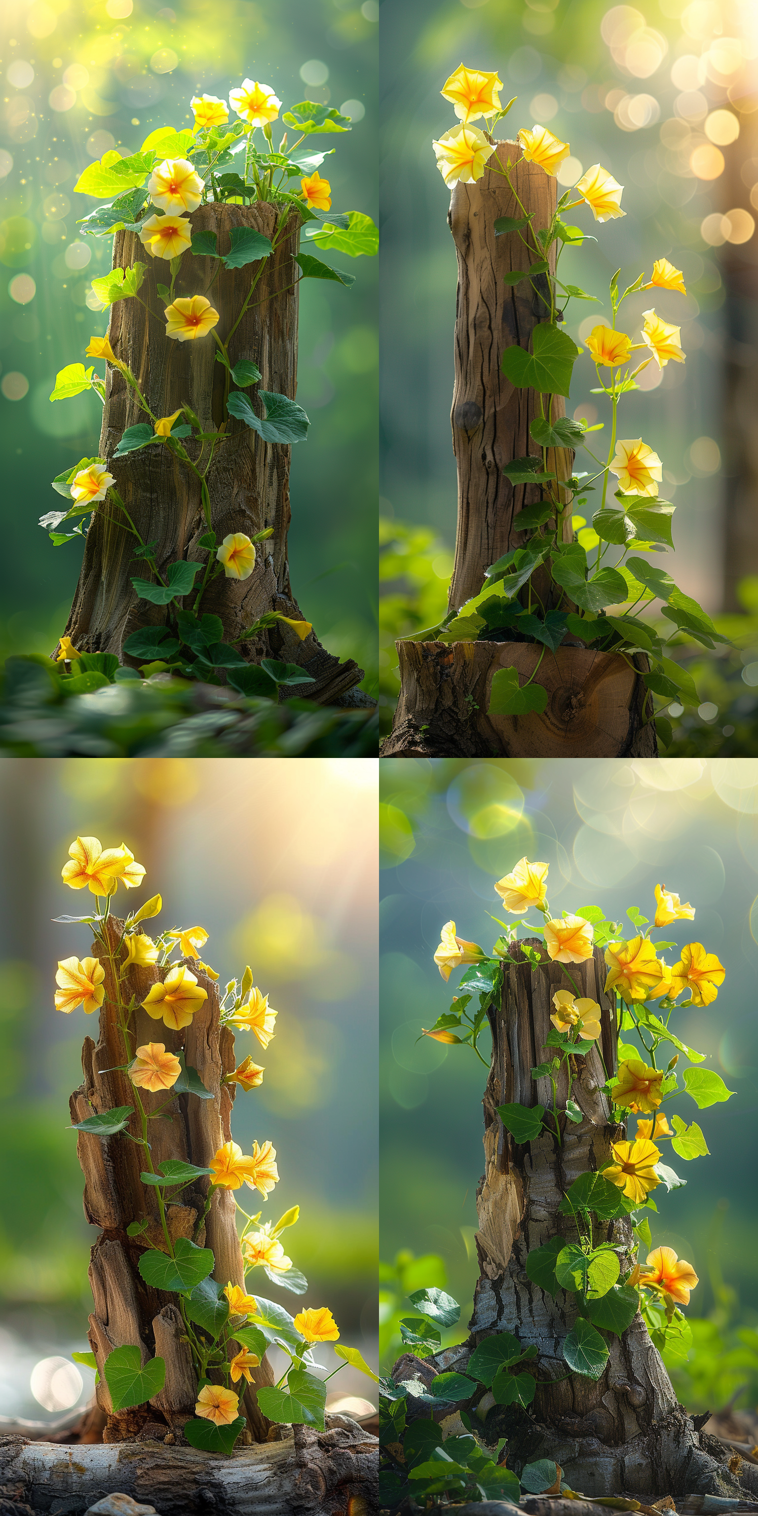 木桩的缝隙里，钻出来一株牵牛花，盛开着很多金黄色的花朵，清晰纹理，透视感，艺术风格，细节突出，明亮光线，无人物，静态。