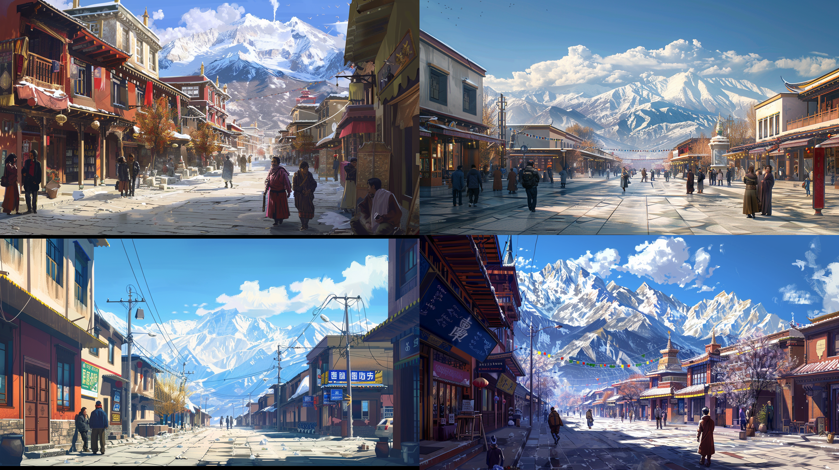 现代化的西藏小镇，街道上一些行人在聊天。雪山背景，晴朗天气。街景布局，自然光，远景，明亮色调，轻松氛围，建筑细节，人物特写，交谈。 维多利亚 远景透视 白昼光