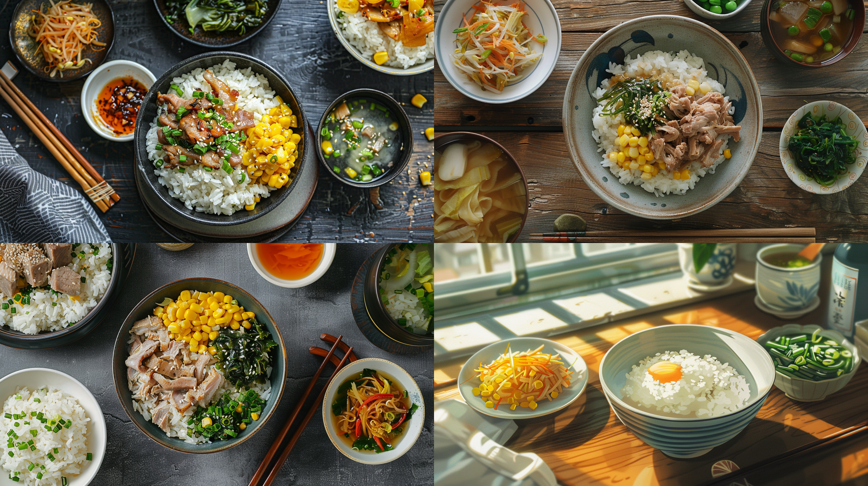一碗玉米混合大米的饭，一碟炒肉丝，一碟炒白菜，冬瓜海带汤，中午，餐桌 照片写实