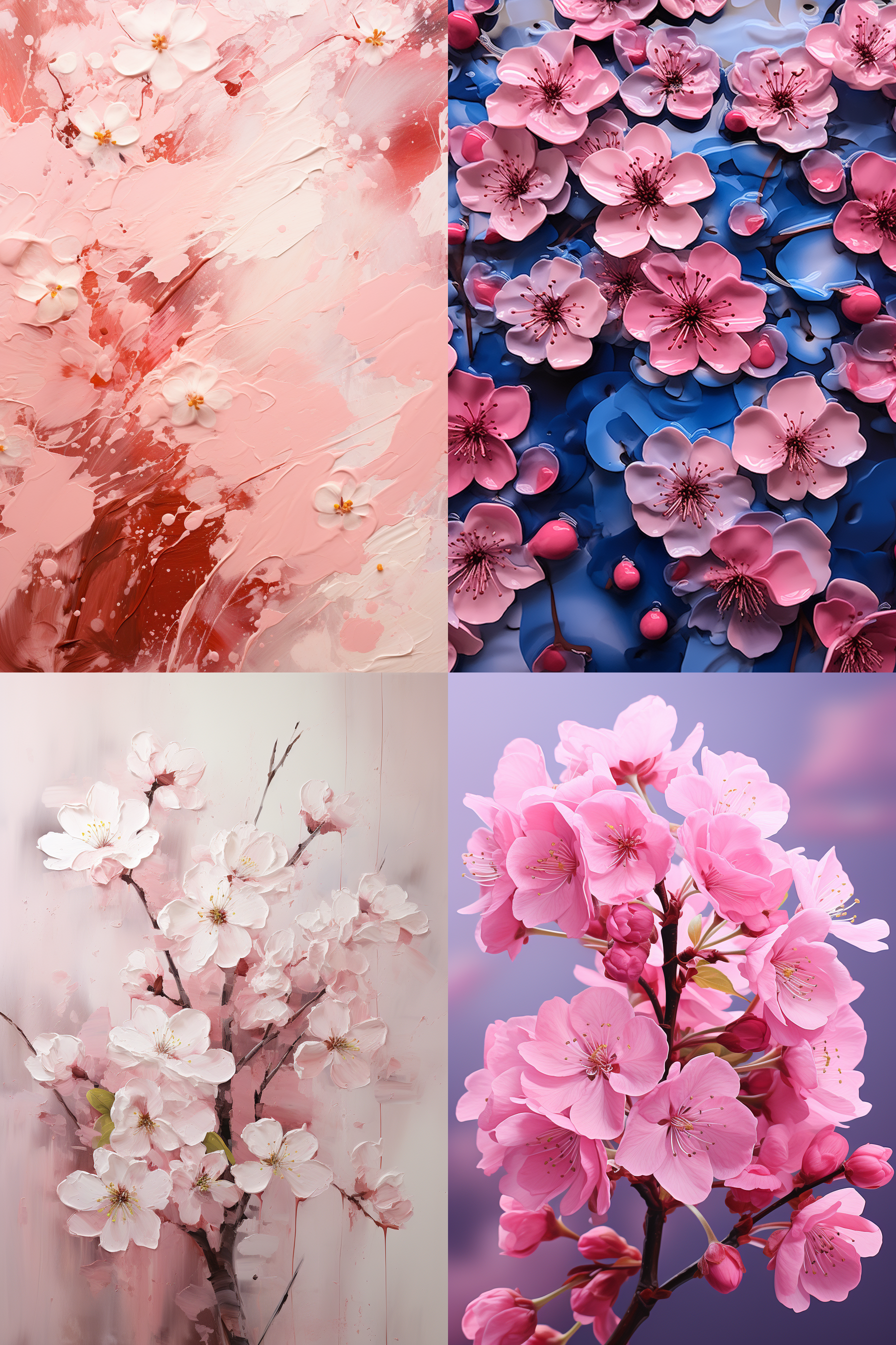 樱花盛开，浓重厚涂油画风格，抽象风格，绘画质感突出，明亮色彩，艳丽光影，斜角度构图，激情澎湃，光影交错，自然风情，花瓣飘落，欢快气氛。
