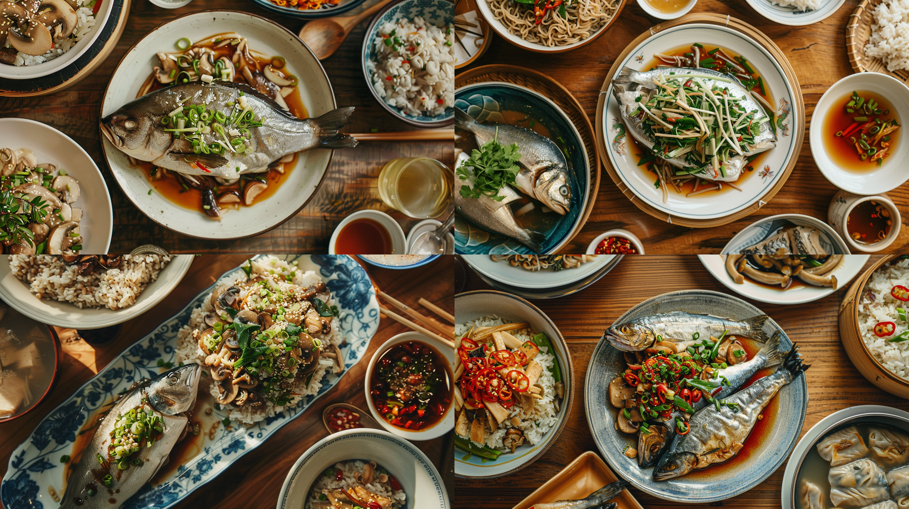 一碟蒸鱼，一碟香菇炒菜，一碗燕麦饭，晚上，餐桌， 照片写实