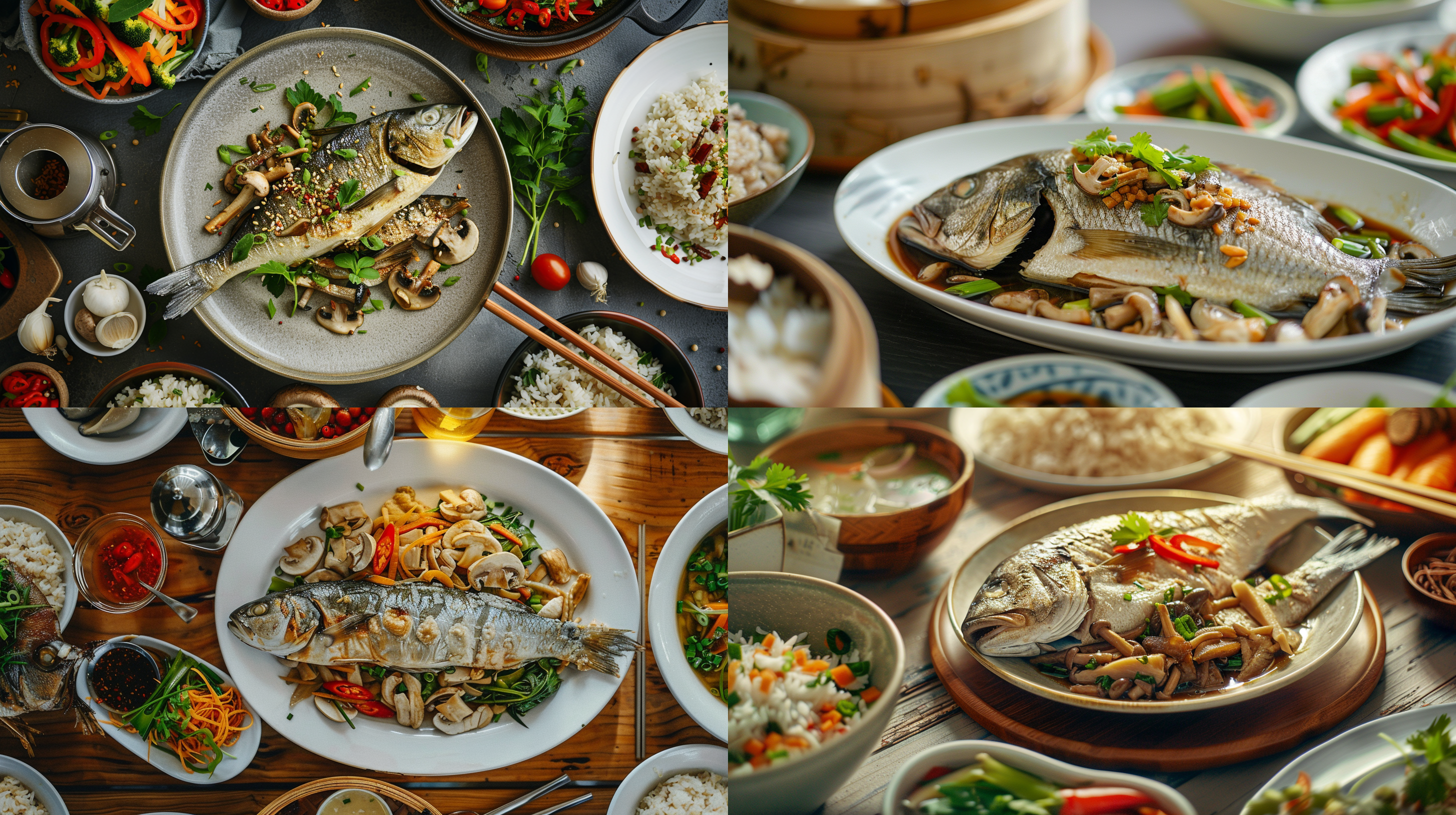 一碟蒸鱼，一碟香菇炒菜，一碗燕麦饭，晚上，餐桌， 照片写实