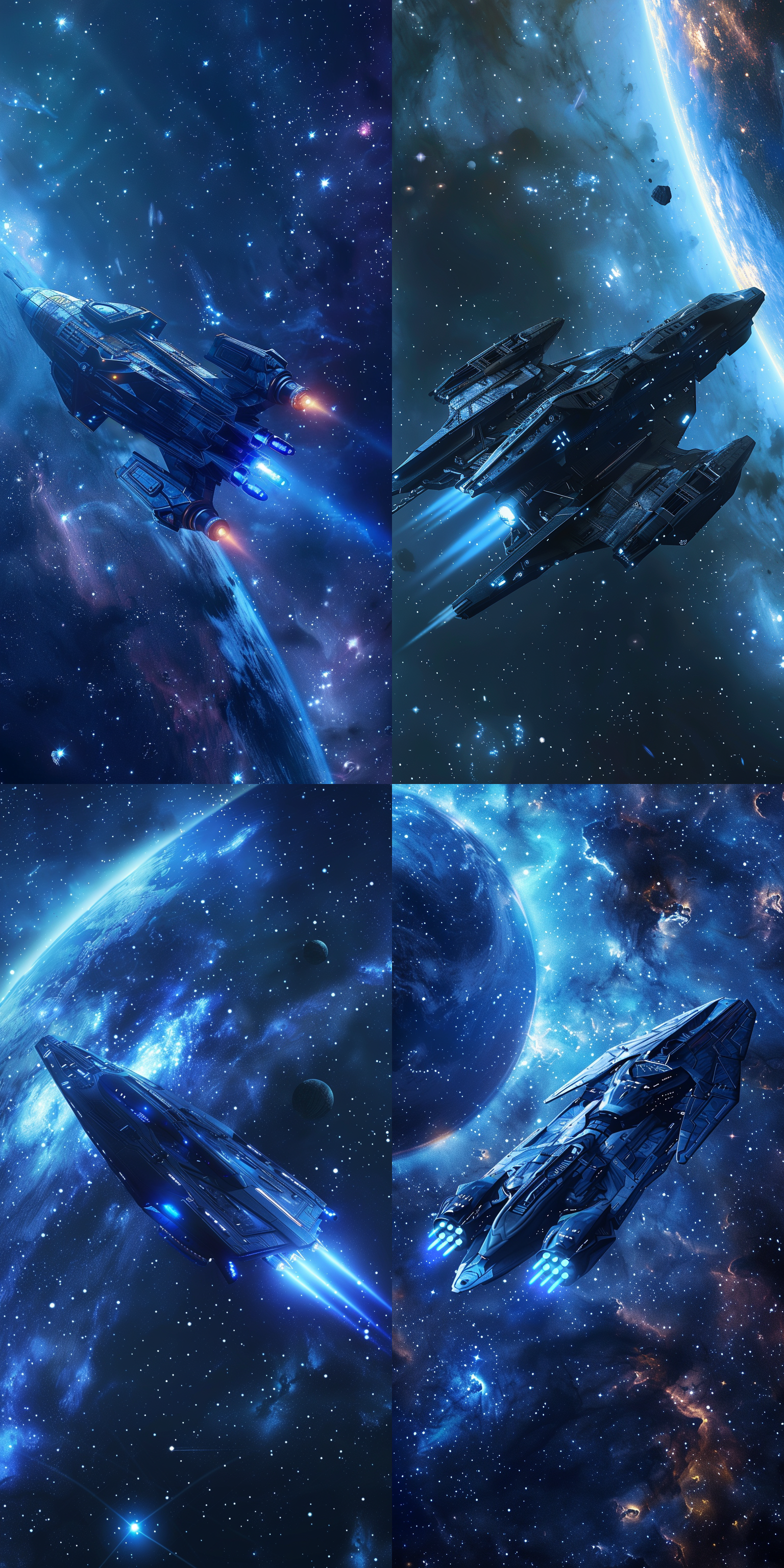 宇宙中的飞行器，在星空中飞行，太空环境，科幻风格，长焦镜头，蓝色光芒，细节丰富，动感飞行，金属质感，神秘色调，震撼。宇宙星空背景，恒星，8k, 杰作，超高清分辨率，