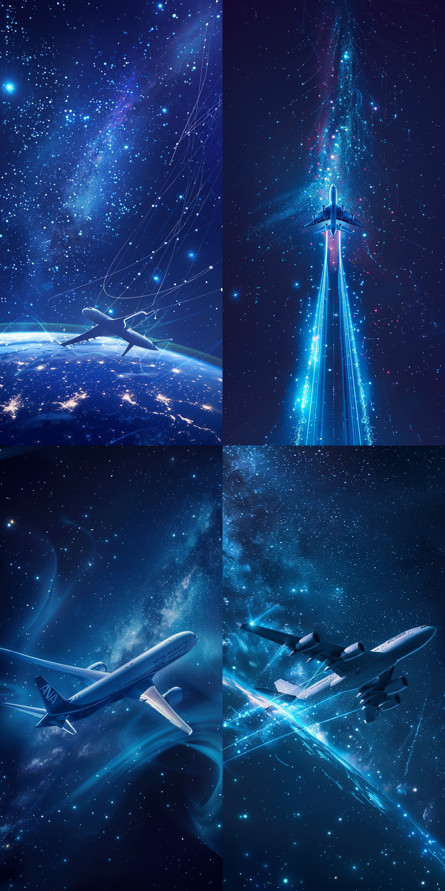 未来科技，飞行器，智能飞机，整体蓝色调，极简主义风格，宇宙星空背景，恒星，流动能量线，8k, 杰作，超高清分辨率，