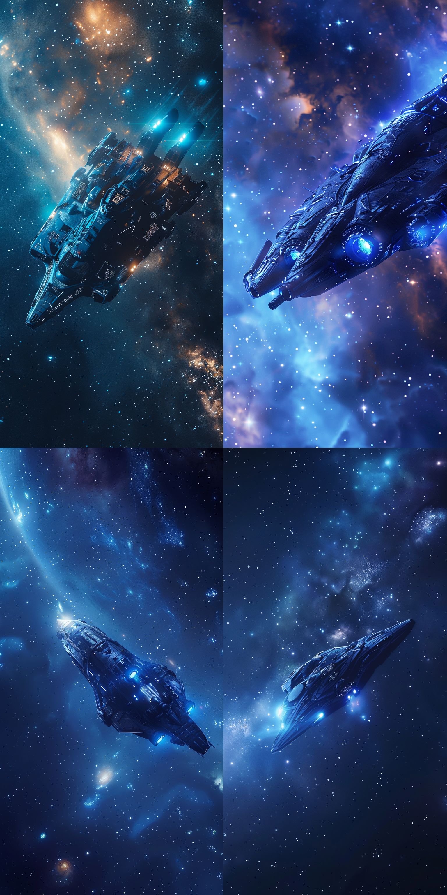 宇宙中的飞行器，在星空中飞行，太空环境，科幻风格，长焦镜头，蓝色光芒，细节丰富，动感飞行，金属质感，神秘色调，震撼。宇宙星空背景，恒星，8k, 杰作，超高清分辨率，