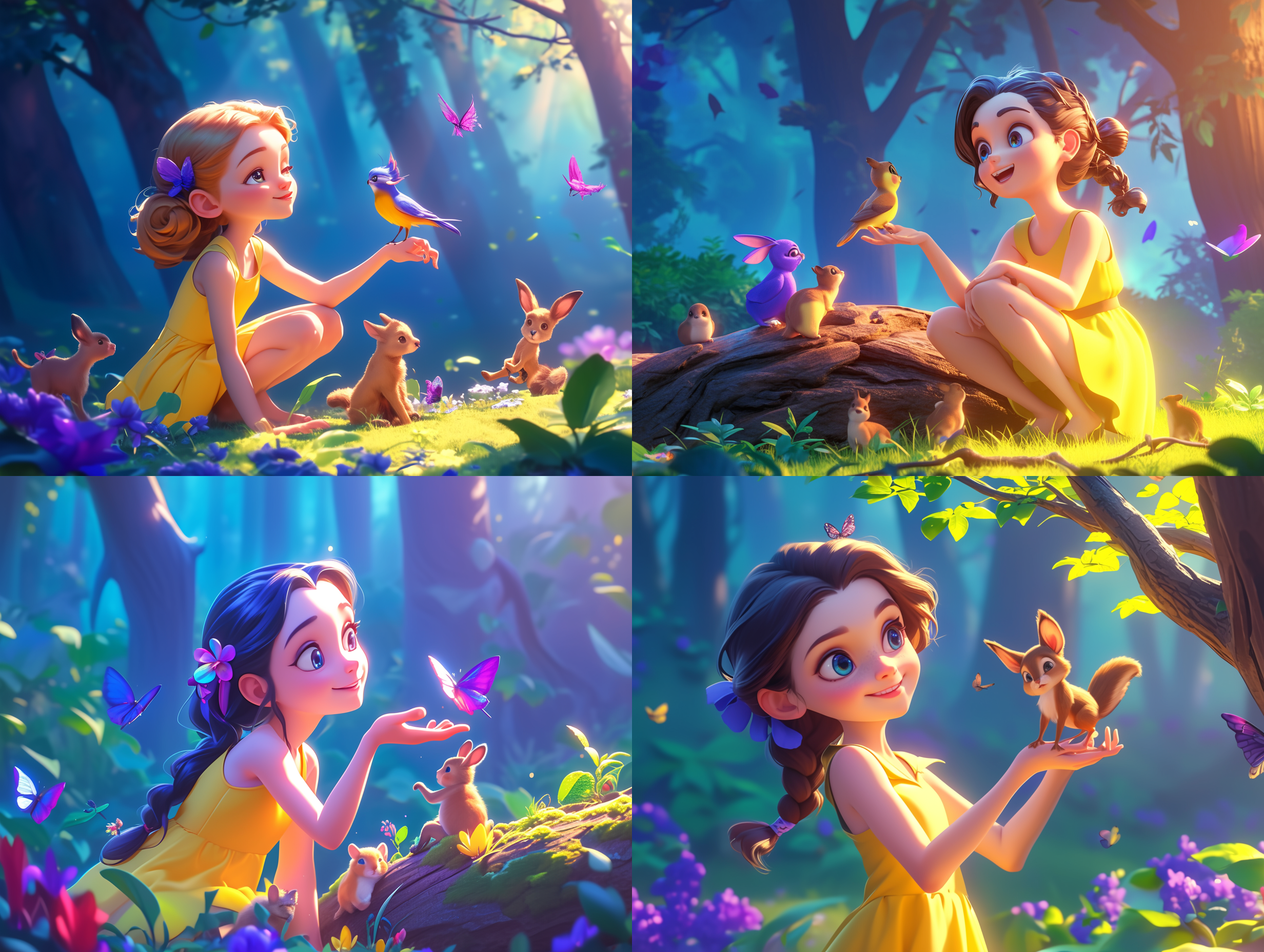 小女孩和小动物们，森林环境，幸福笑容，唯美色彩，治愈系，自然光，色彩鲜明，童话氛围