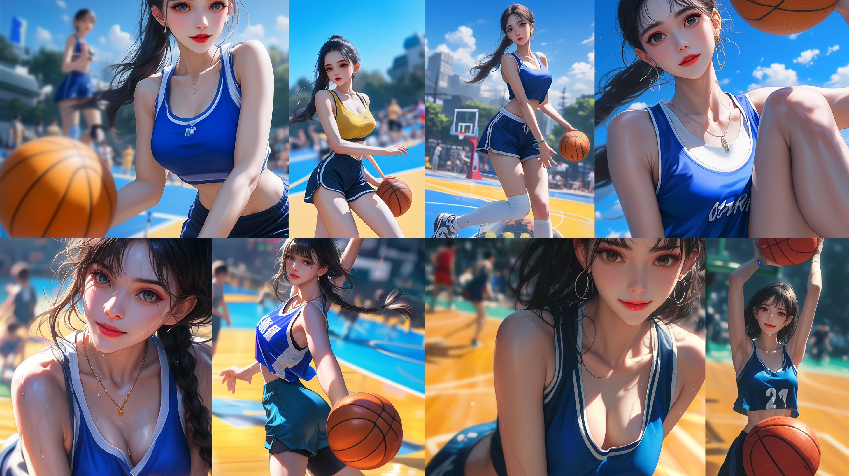 美丽女孩在篮球场上，自信微笑，多变姿势，亮色运动装，细节丰富，色调明亮，动感角度，全景视角，广阔动态视角，超高清8k分辨率，明亮oc渲染。