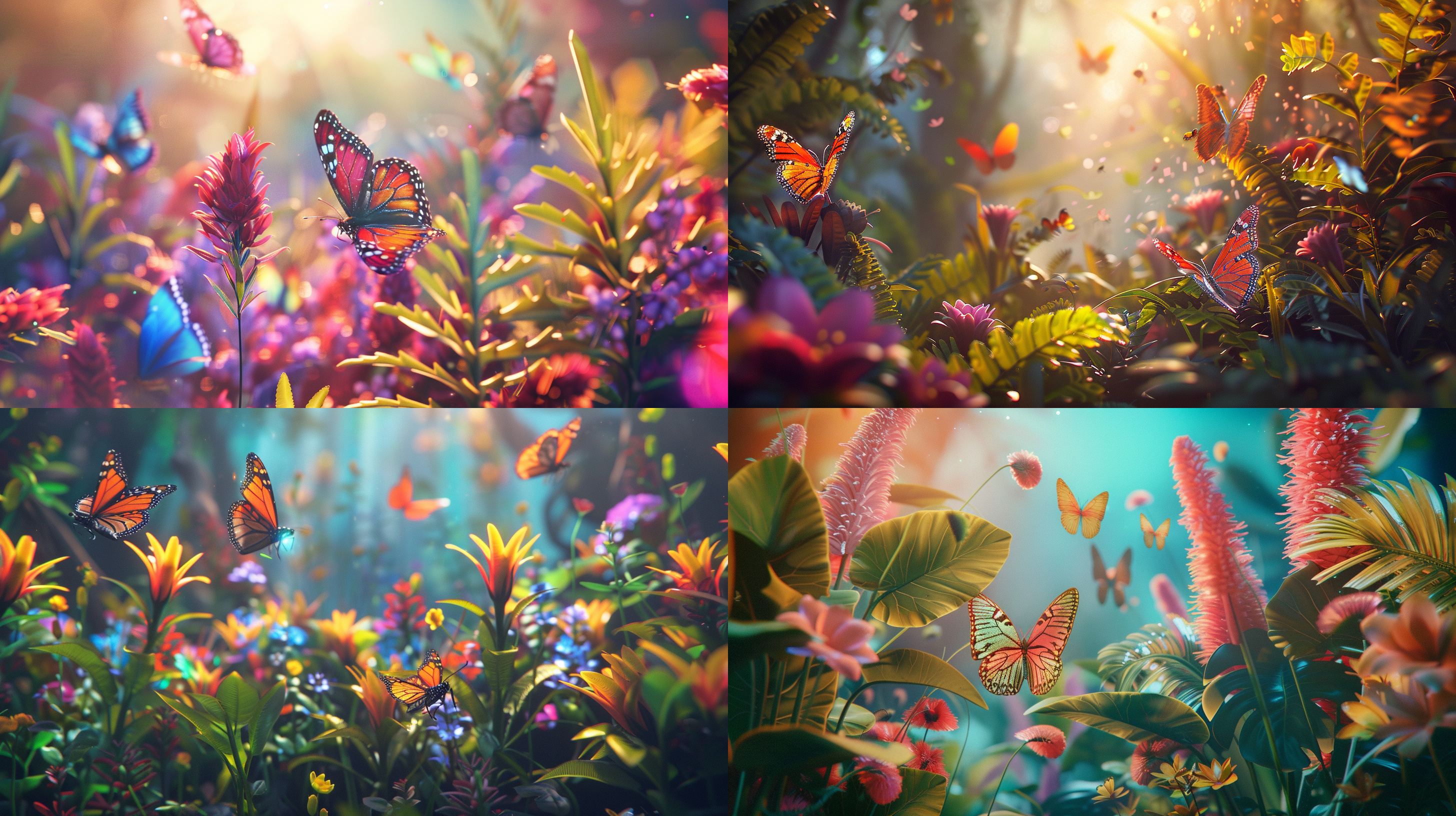 3d梦幻植物，色彩绚丽，c4d渲染，蝴蝶 蜻蜓废物，广角角度。8k清晰度，温馨，可爱，活泼。