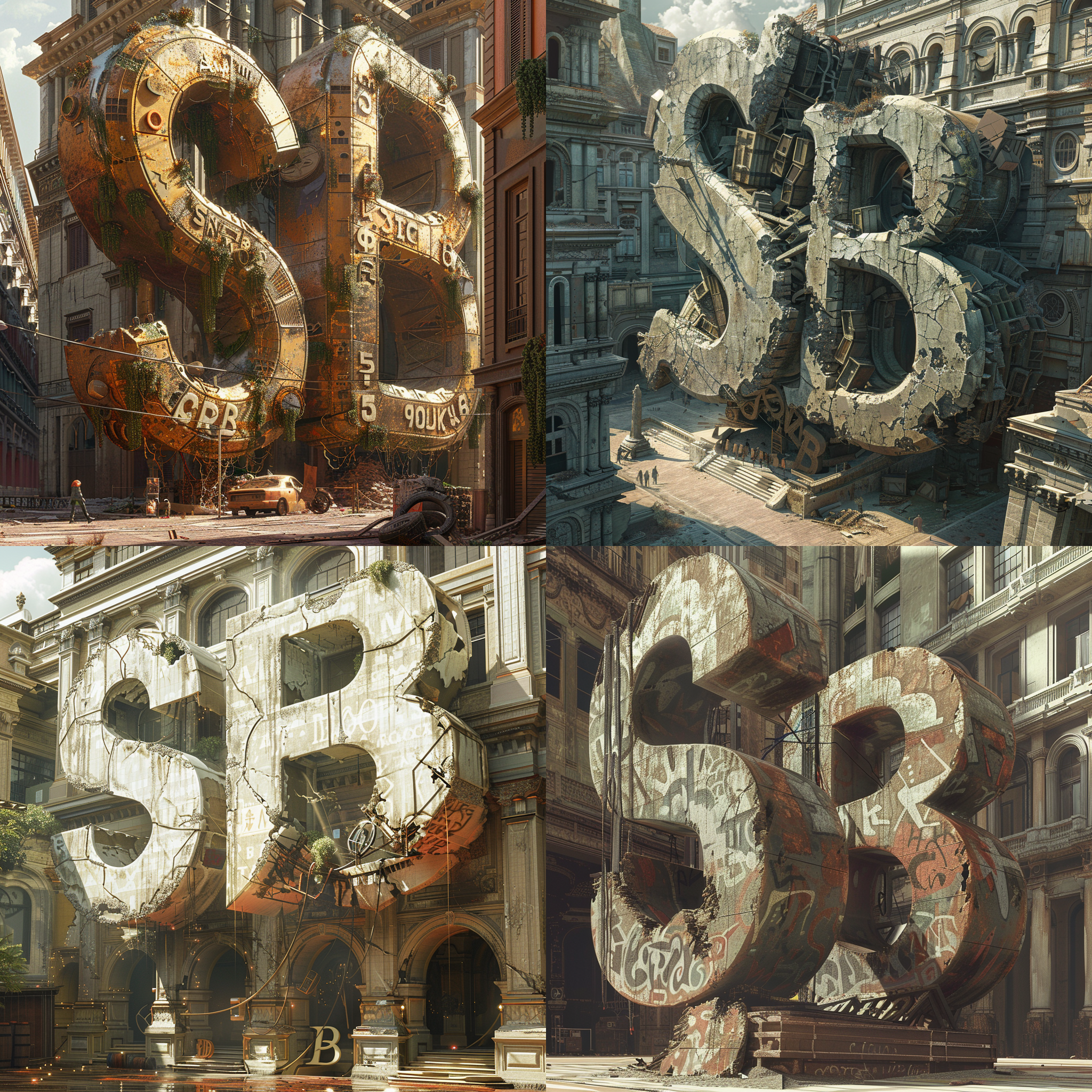 繁华的市中心，矗立着巨大的“sb"字母雕像，写实细节，细节丰富，石质质感，破损细节，城市背景，巨大规模，阳光照射，细致雕琢，巍然矗立，暖色调，建筑背景，巍峨壮观。