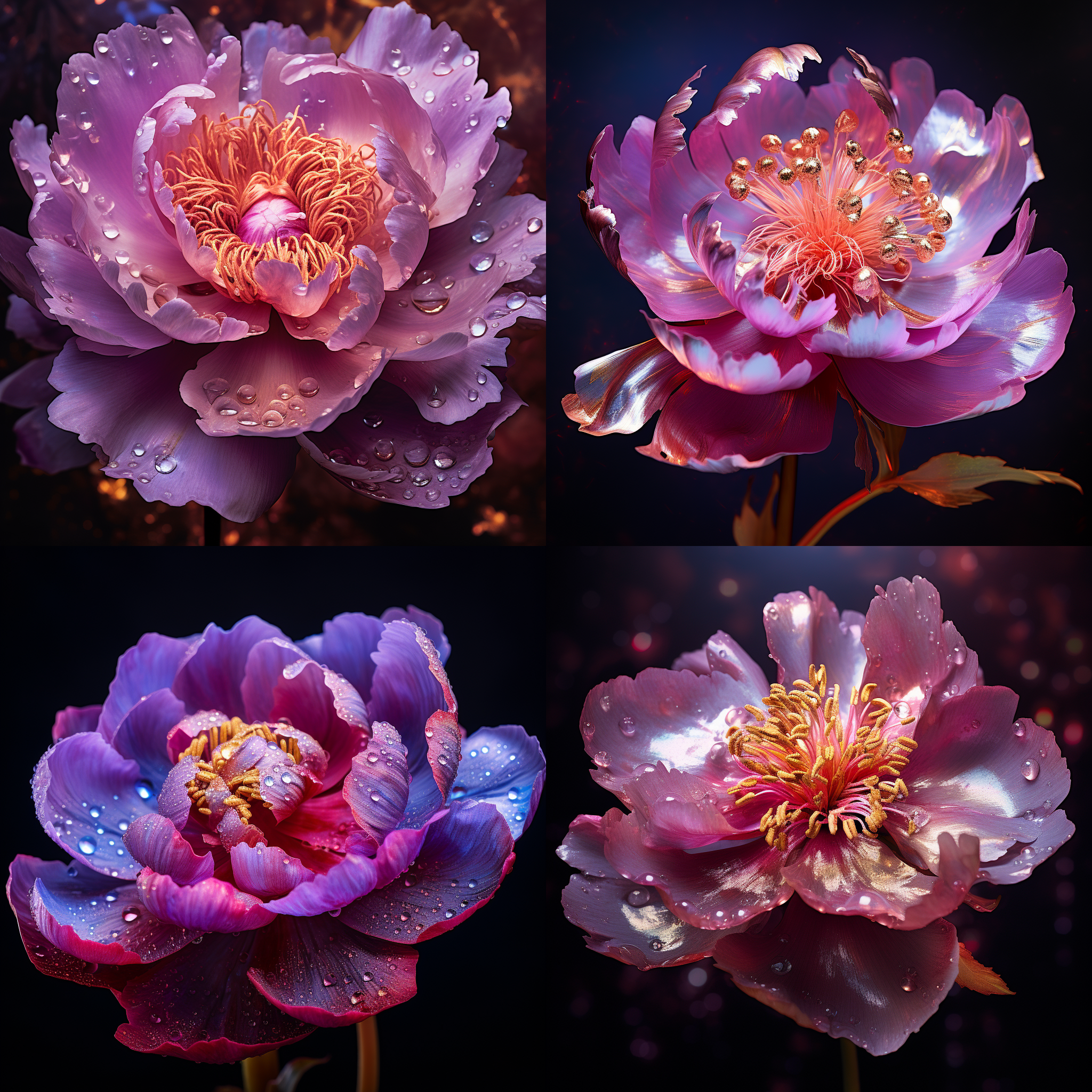 超威半导体人工智能芯片组成的一朵牡丹花，微距拍摄，科技与自然融合，细节丰富，数字艺术风格，金属质感，高饱和度，微光环境，精细纹理，紫红色调，神秘，创新。