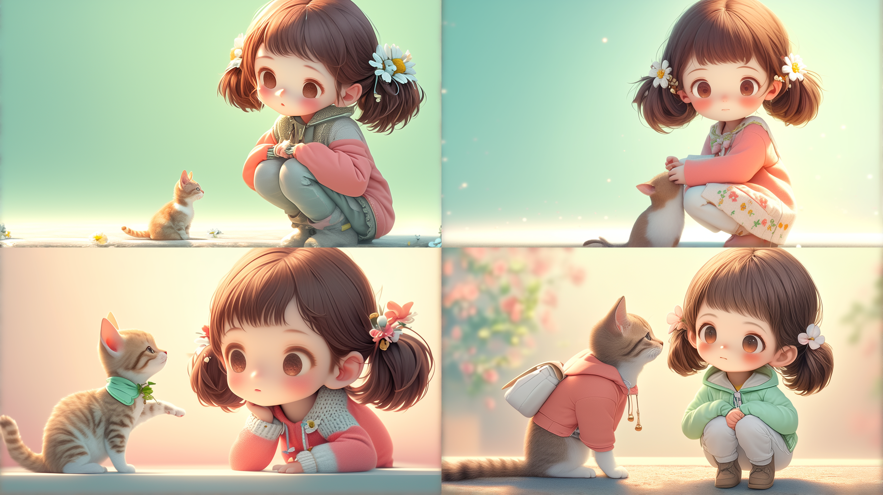 主体侧视图，小猫咪趴在右边角落，小女孩蹲在左边角落，猫咪和小女孩互相对视，纯色背景，细节突出，静态，柔和光线，可爱，温暖，放松，清新。