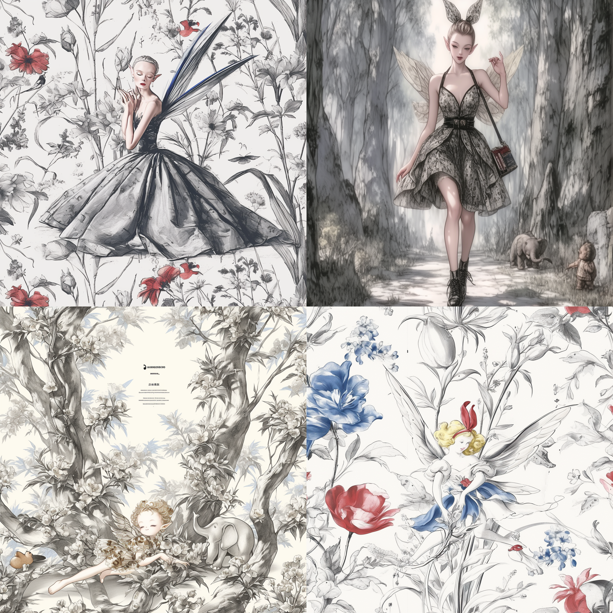 精灵族美女飞翔，森林背景，参天大树，绚烂花草，大象、狮子、松鼠，美丽翅膀，华丽服装，神秘面容，中心构图，暖色调，长焦镜头，逆光，优雅动作，神秘情感。 水墨插画 涂色书 日本版画