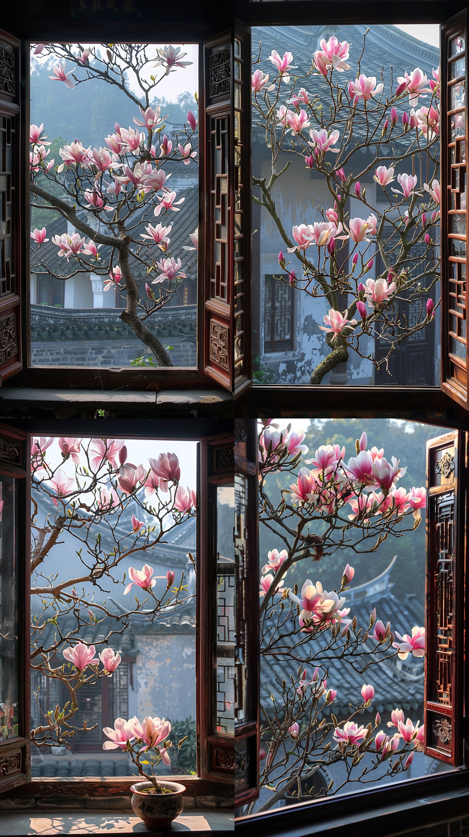 窗外美丽的玉兰花，中式庭院，非常优雅和精致，时间旅行，高清拍摄，长焦镜头，静态，明亮的阳光，鲜艳的花朵，柔和的色调，平静。