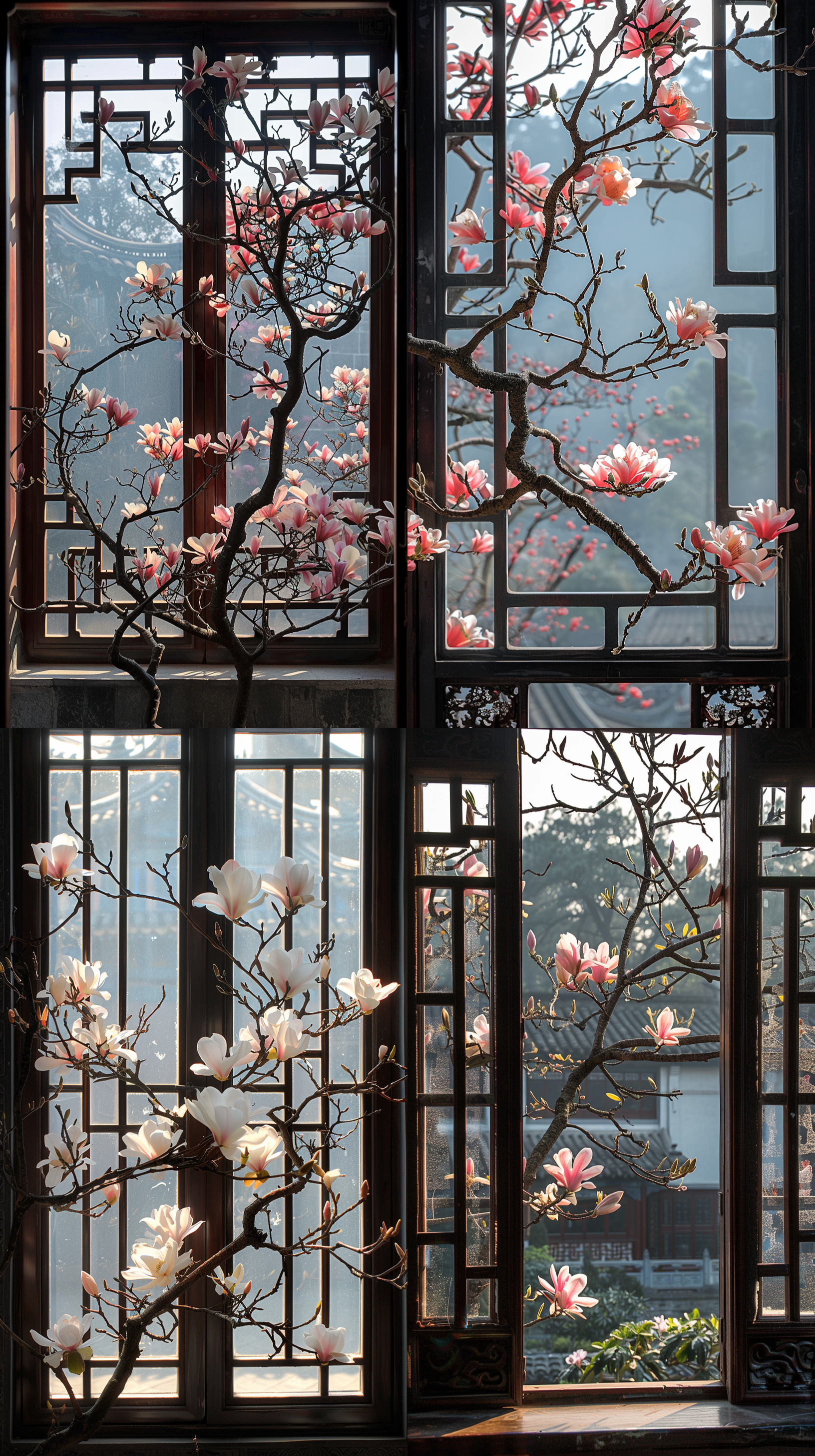 玉兰花，微小的华丽窗户，网格布局，建构主义风格，画面干净，精致，阿兰阿斯兰，分支走廊，高清拍摄