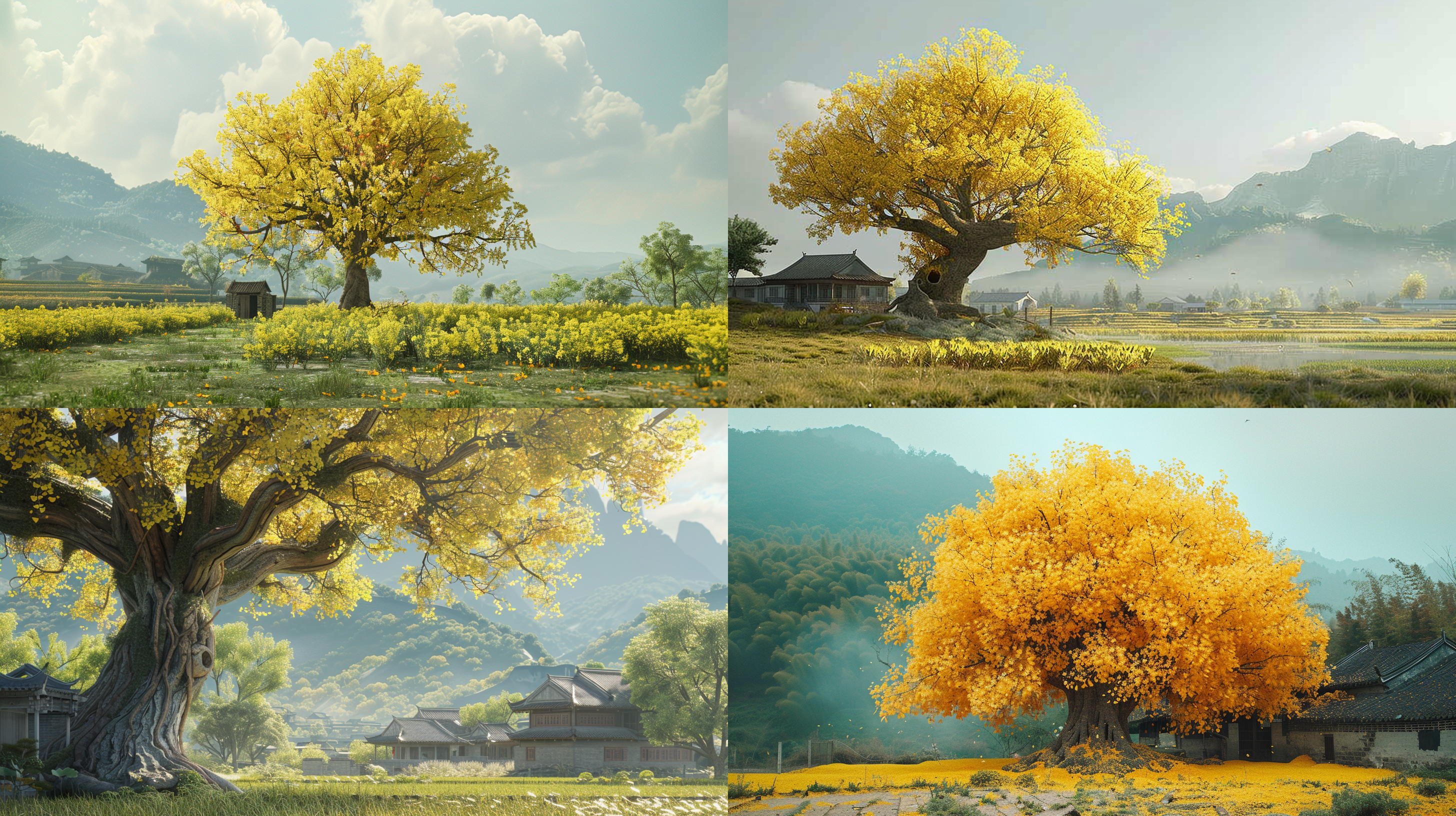 一个巨大的银杏树，占据画面黄金分割点，画面干净，真实，现实世界，中国乡村，3d