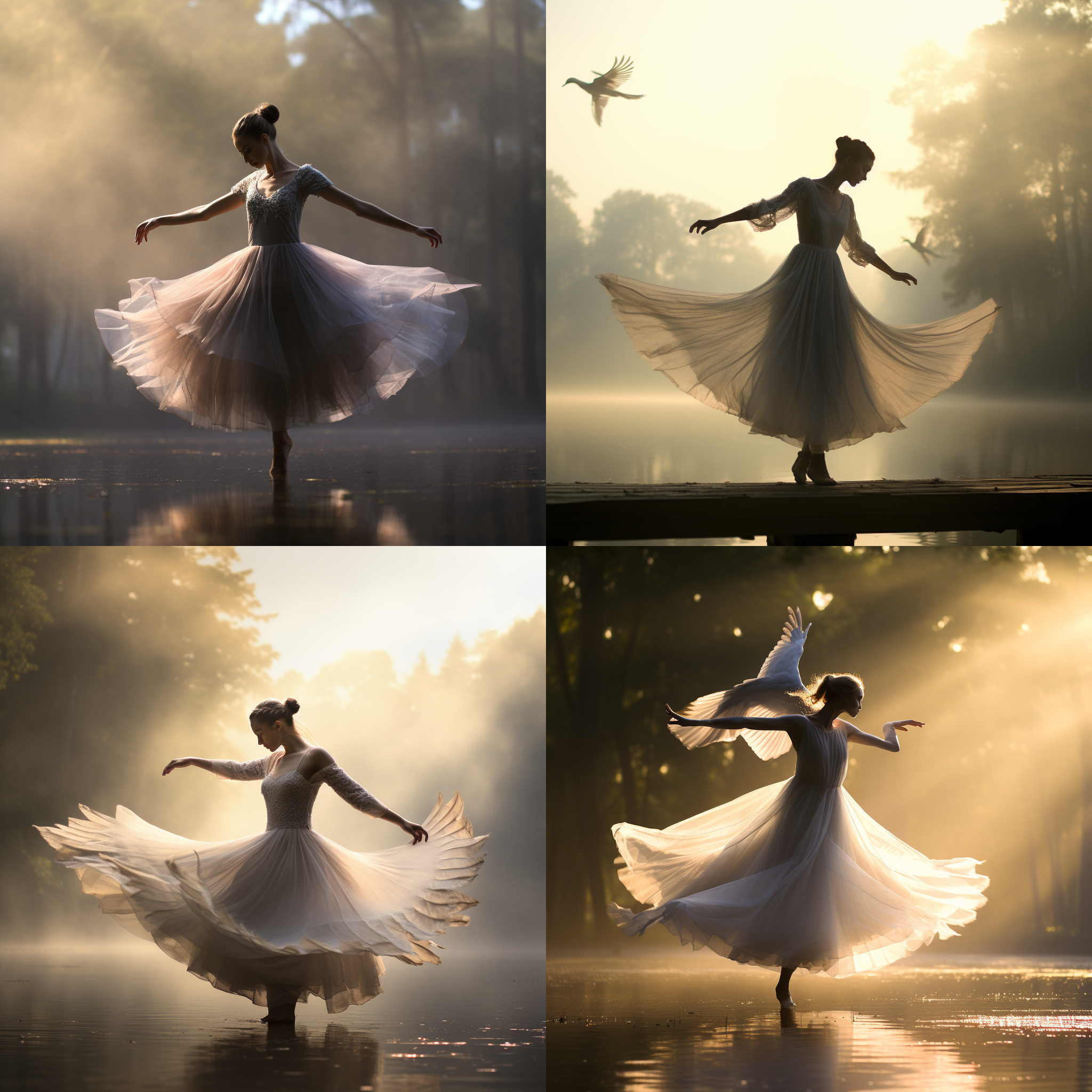 年轻舞者湖边起舞，雾气蒸腾，清澈湖水，白鹭起飞，优美曲线，柔和色调，长焦镜头，逆光，旋转，优雅。