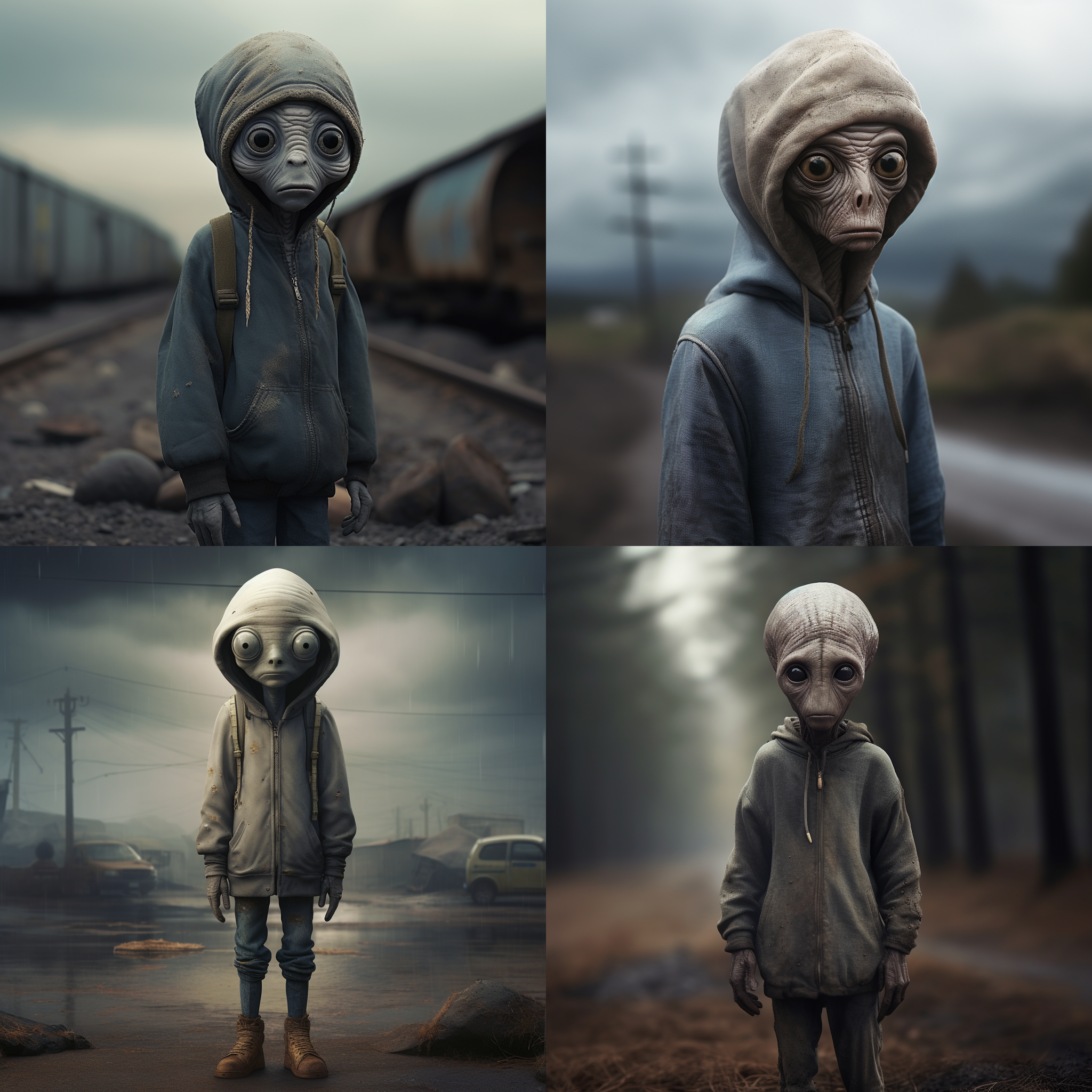 审问外星小灰人，外星人和人类一样高，阴暗环境，超级写实