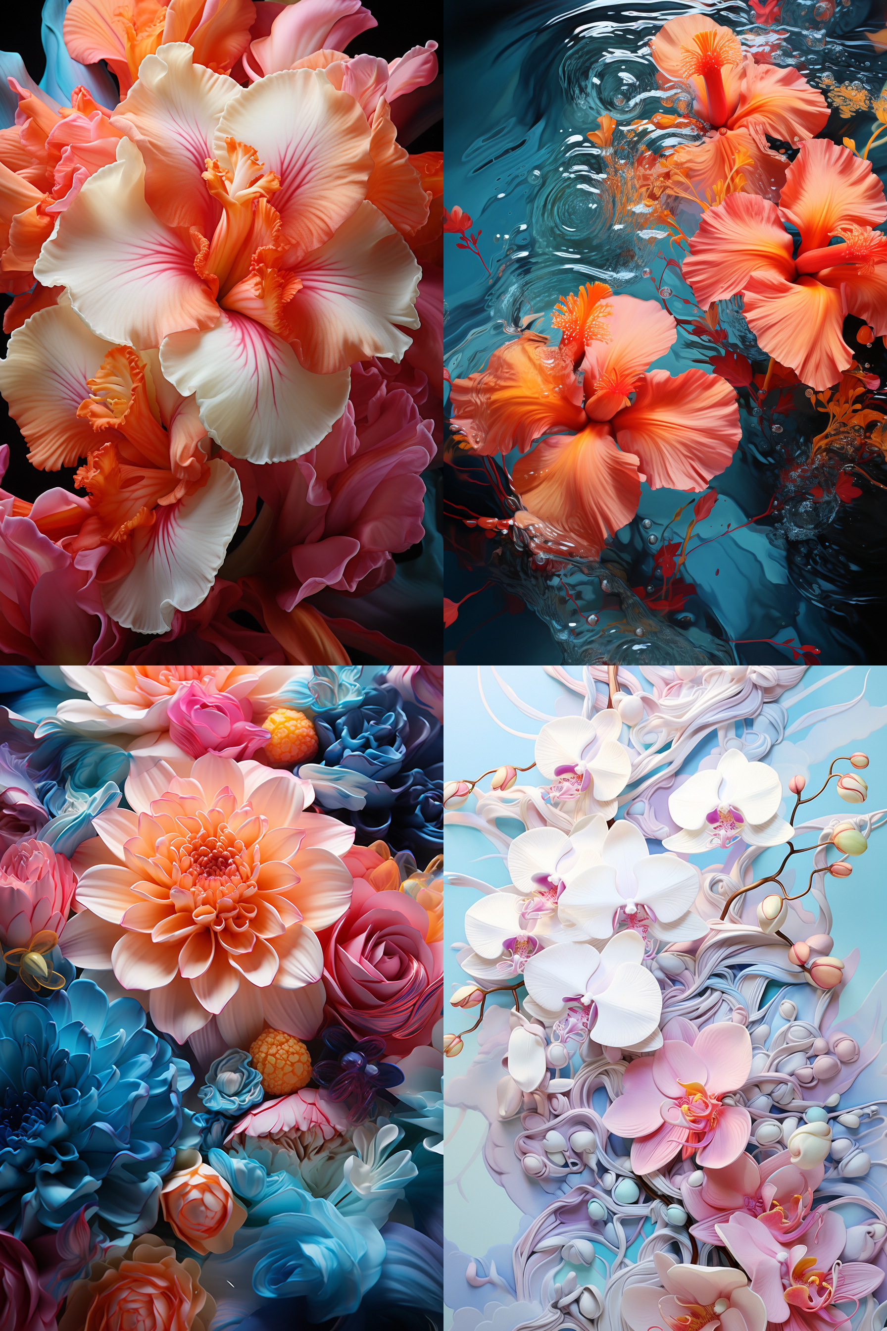 茉莉、素馨、建兰花朵，浓重厚涂油画风格，抽象风格，加强绘画质感，明亮色彩，艳丽光影，斜角度构图，激情澎湃，光影交错，色彩对比 油画