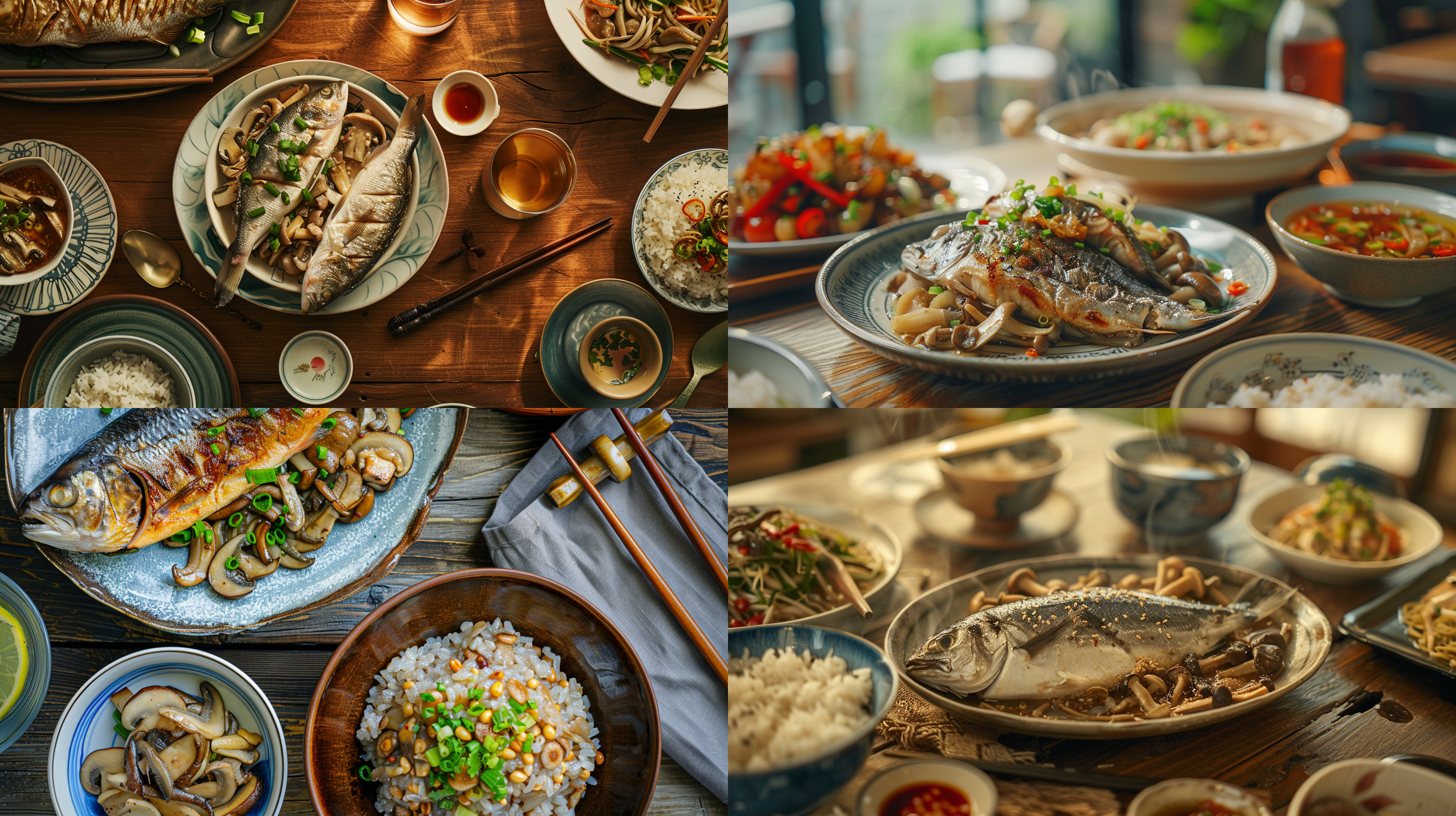 一碟蒸鱼，一碟香菇炒菜，一碗燕麦饭，晚上，餐桌， 照片写实