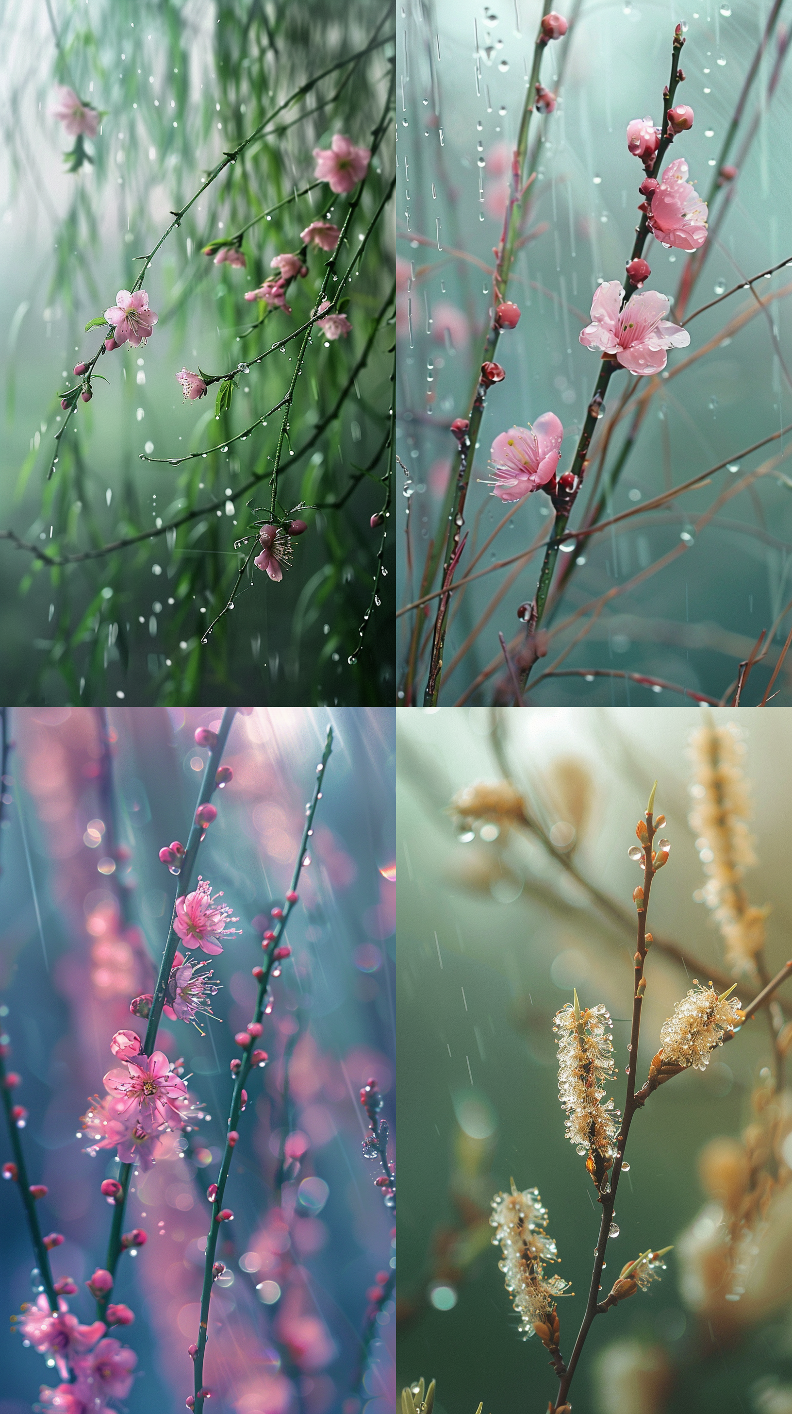 柳枝吐芽，桃花绽放，小草青青，点点雨滴，片片柳絮，明亮舒适，柔和光线，自然风光，春天气息，细腻构图，鲜艳色彩，生机勃勃。