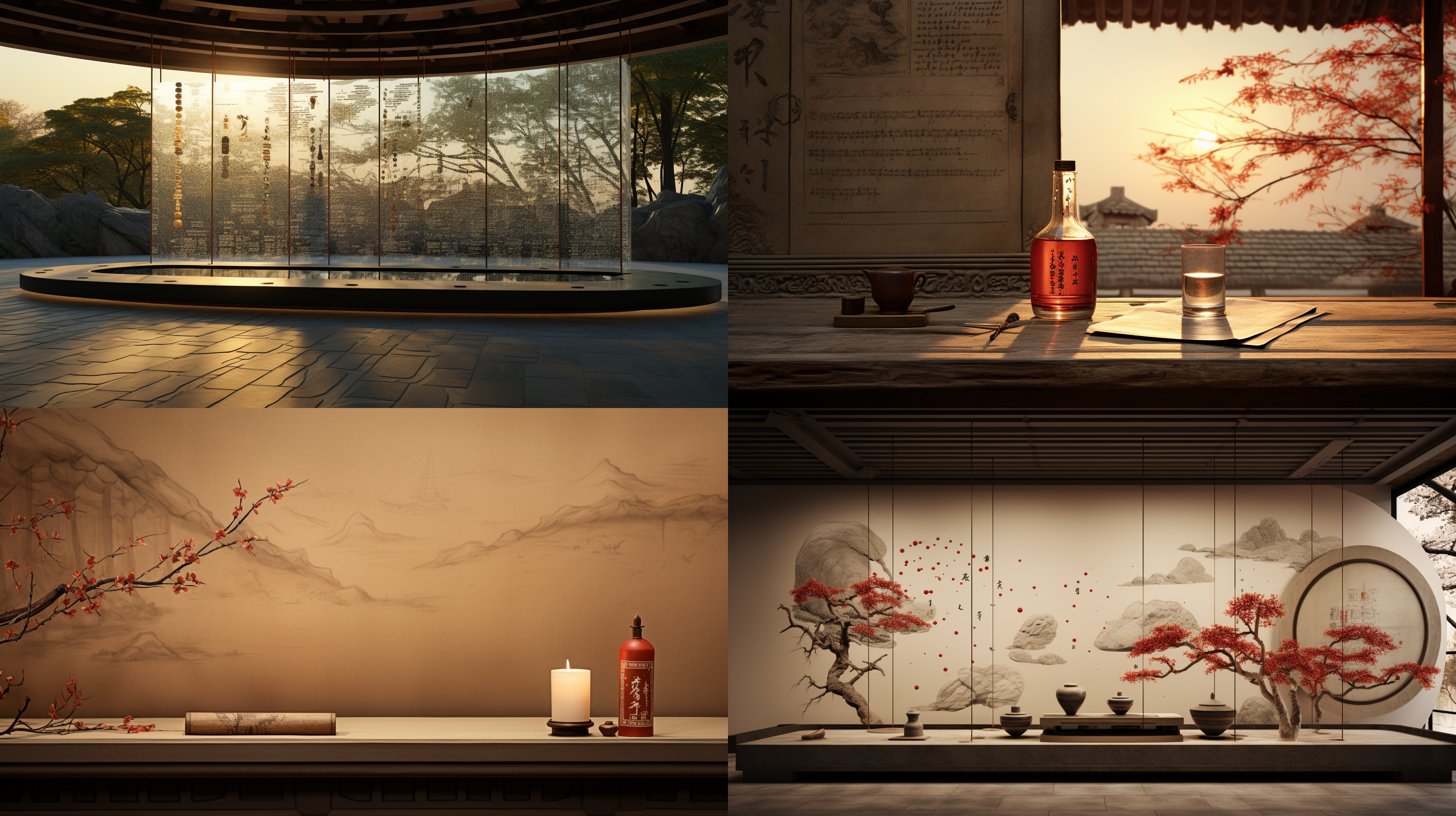 生成一个场景，一面古诗长卷做成的墙，不要断开，一整面连续的墙。写着许多古诗，前面有个石台放着一瓶酒。摄影镜头，正面视角，古风，中国墨，自然光，暖色调，室外场景。中国墨