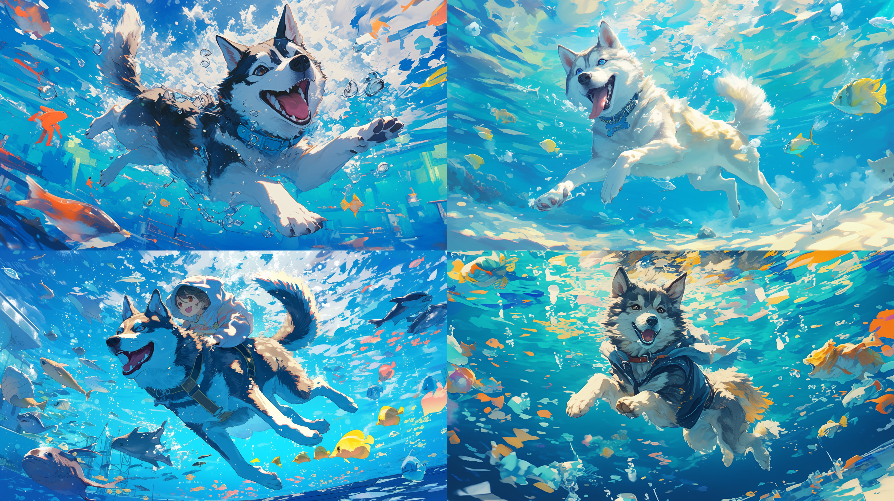 a super cute siberian husky underwater dance, clear underwater, hooded shirt, happy expression, surrounded by fish, sparkling waves, disney style,colorful, wide-angle lens, natural light, cheerful movements, cute emotions,ultra hd,8k,crazy details 油画 干净背景 全身 正视 米色 纤维素 天野喜孝 油画 干净背景 全身 正视 米色 纤维素 天野喜孝