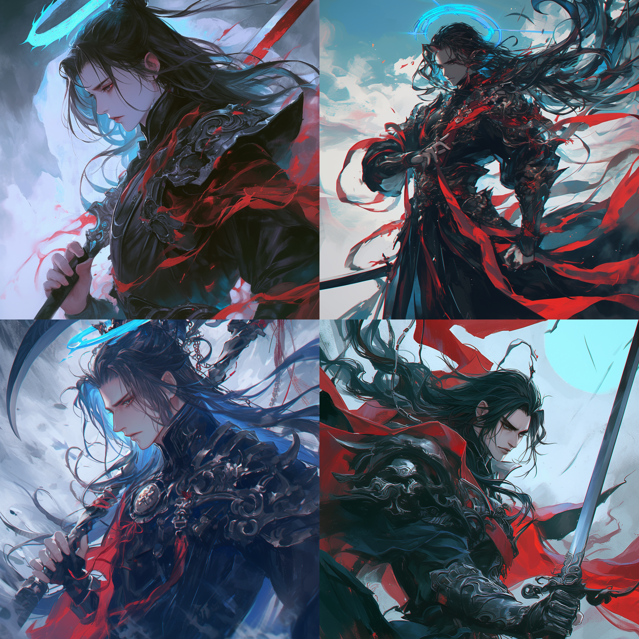 男性中国武将，玄幻风，炫酷，侧面特写，黑红配色，蓝色光晕，雾气环绕，锐利眼神，威严装束，拔剑姿态，扬起长发，自信。