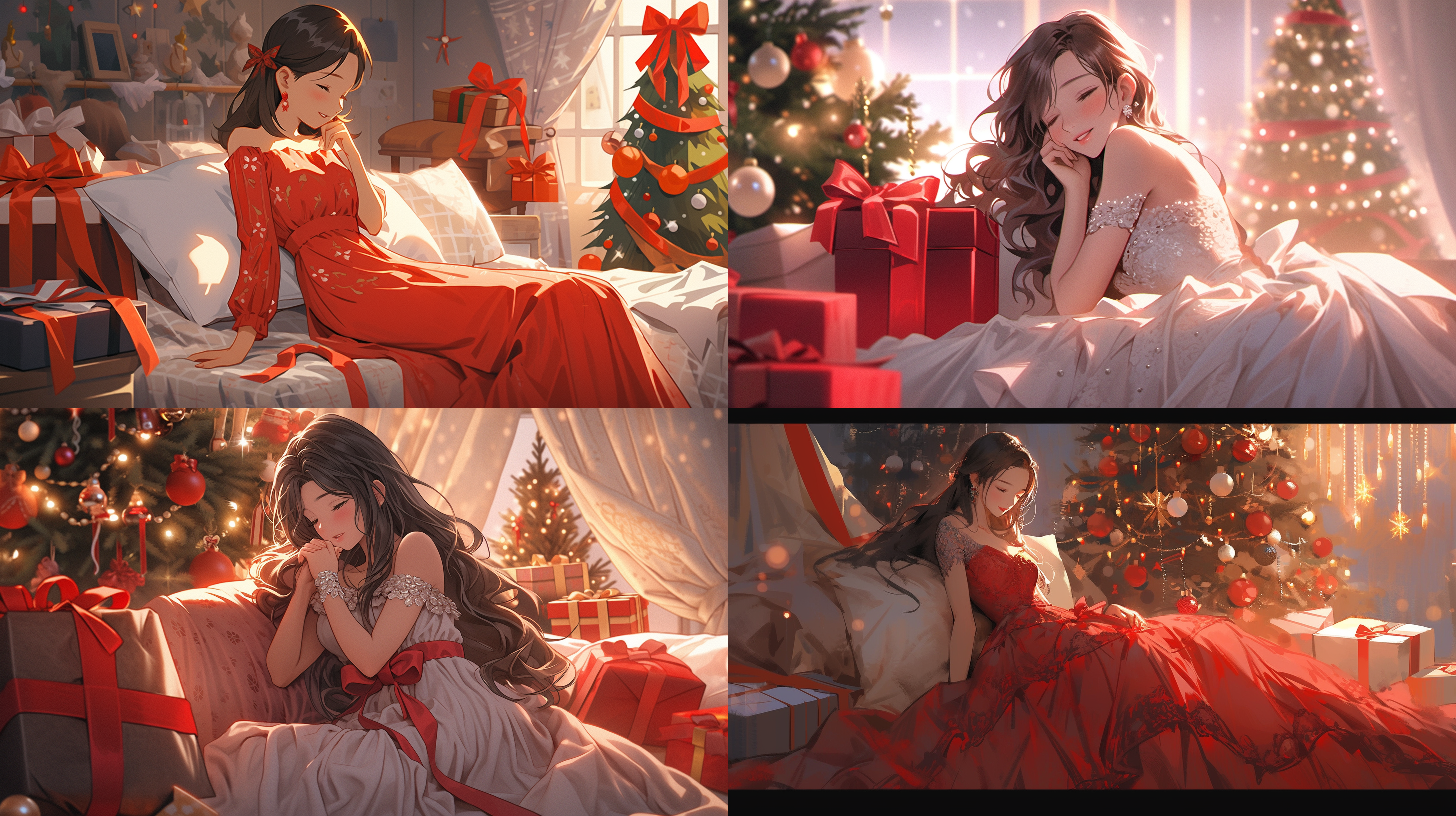 亚洲美女，红色蝴蝶结，圣诞树，裙子，礼物，圣诞卡片，优雅，柔和烛光，微笑，轻松，数码单反相机，卧室，三分法构图，高品质，床。