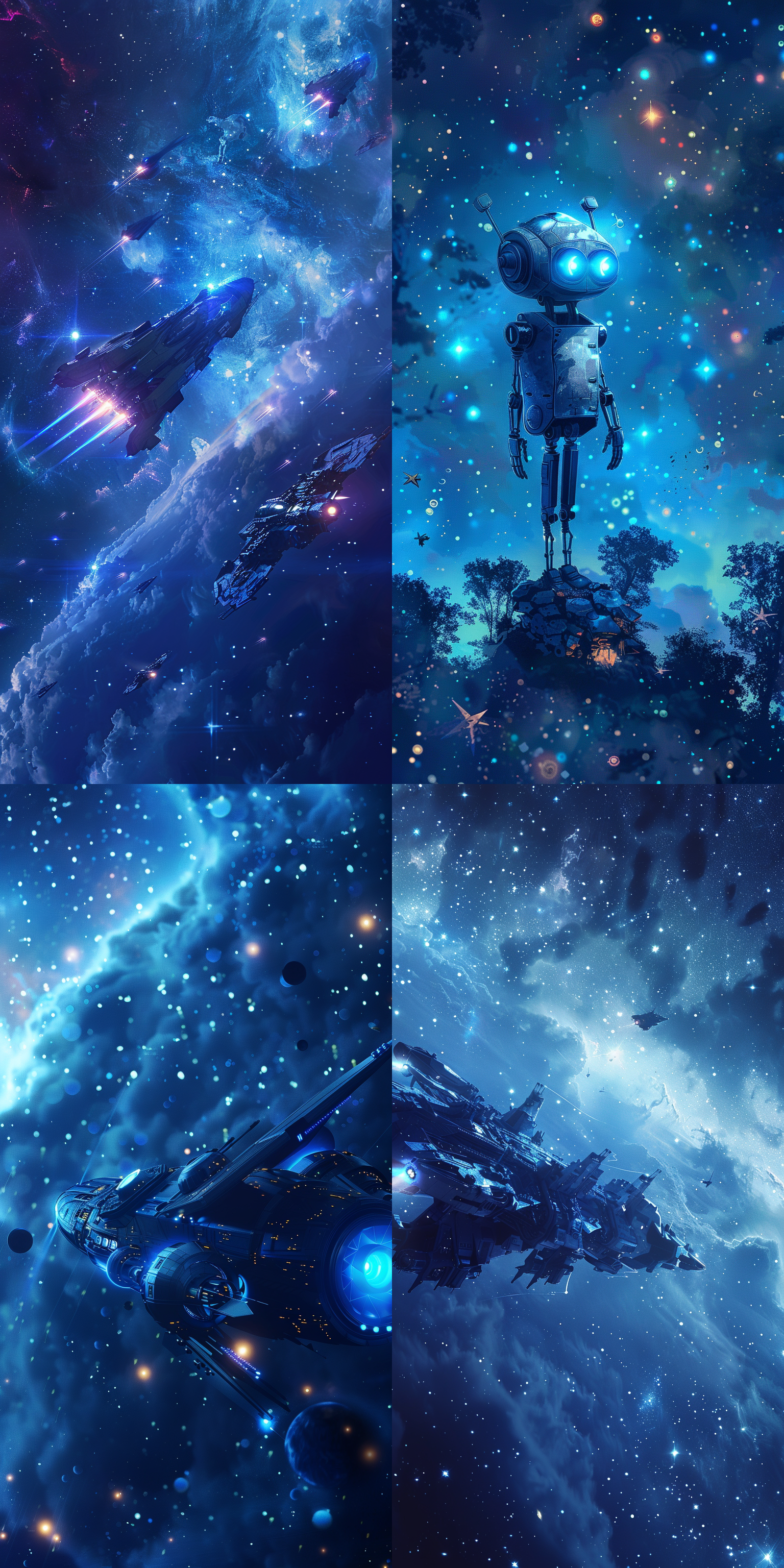 宇宙，星空，未来科技机器人，飞行机器人，智能飞行器，整体蓝色调，极简主义风格，宇宙星空背景，恒星，8k, 杰作，超高清分辨率，