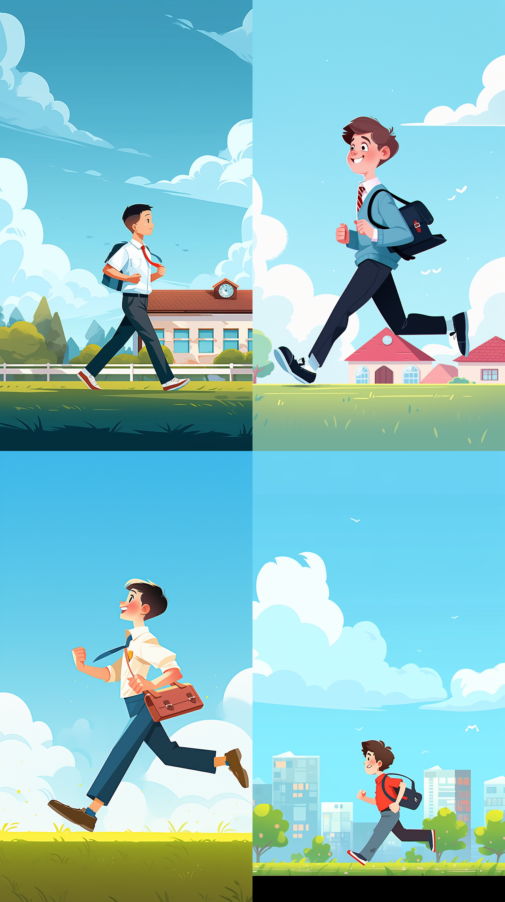 小学生男生，穿着长袖校服，侧身，显示全身，穿着球鞋，手上戴着手表，上学路上，表情开心，走在草地上，明亮的光线，远处背景校园，蓝天白云，表情非常开心，平面插画风格，精致的画风，高清细节，精致人物