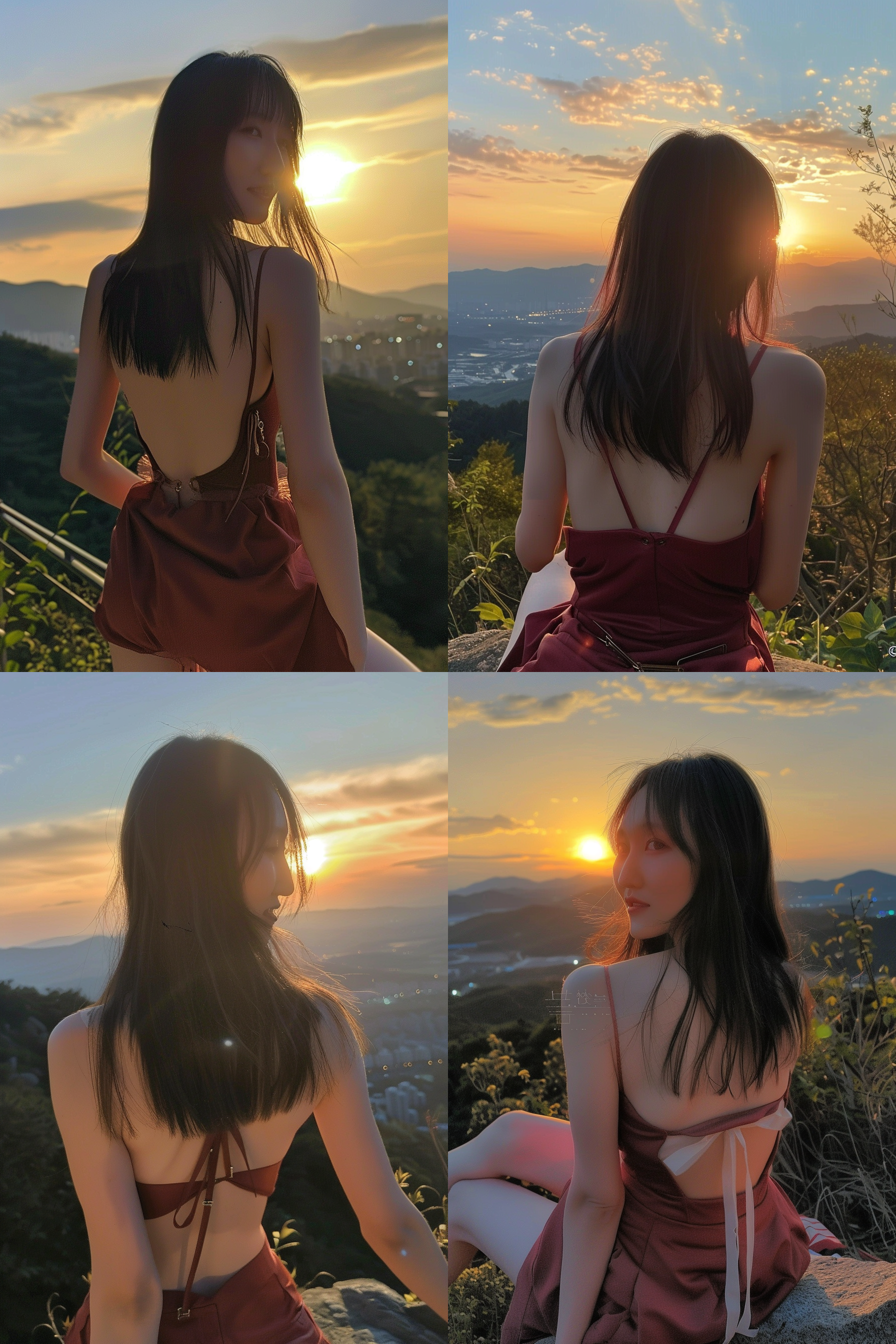 夕阳，绝世美女，爬山，山顶，远山，云海，粉色连衣裙，长发飘逸，柔光，3d动漫风格，高对比度，8k分辨率，细节丰富，阳光照射，色彩饱和，远处城市楼群，少女笑容，优雅。