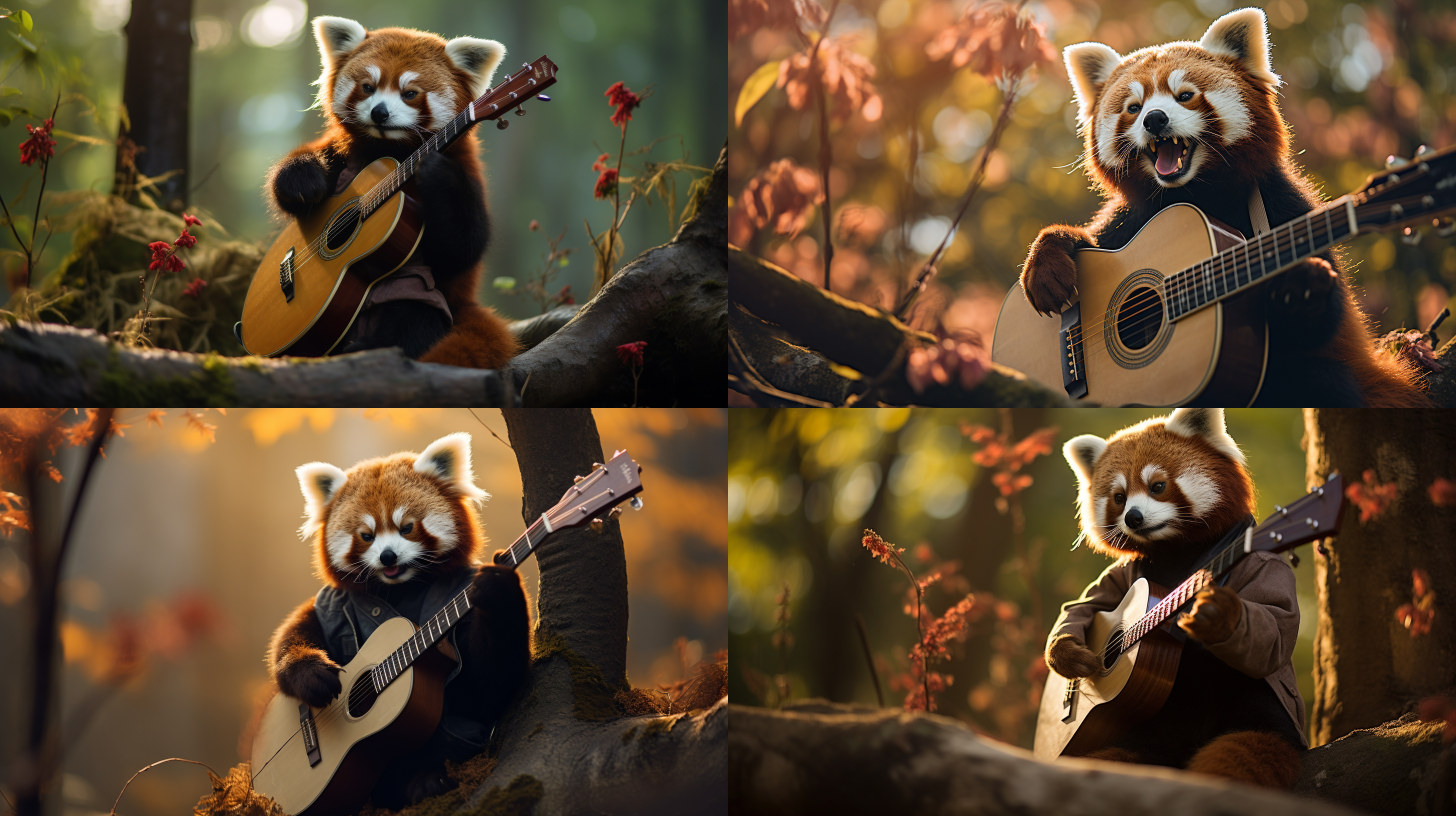 red panda弹吉他，树林背景，清晨阳光，和谐色调，长焦镜头，侧逆光，静态，专注，温馨。