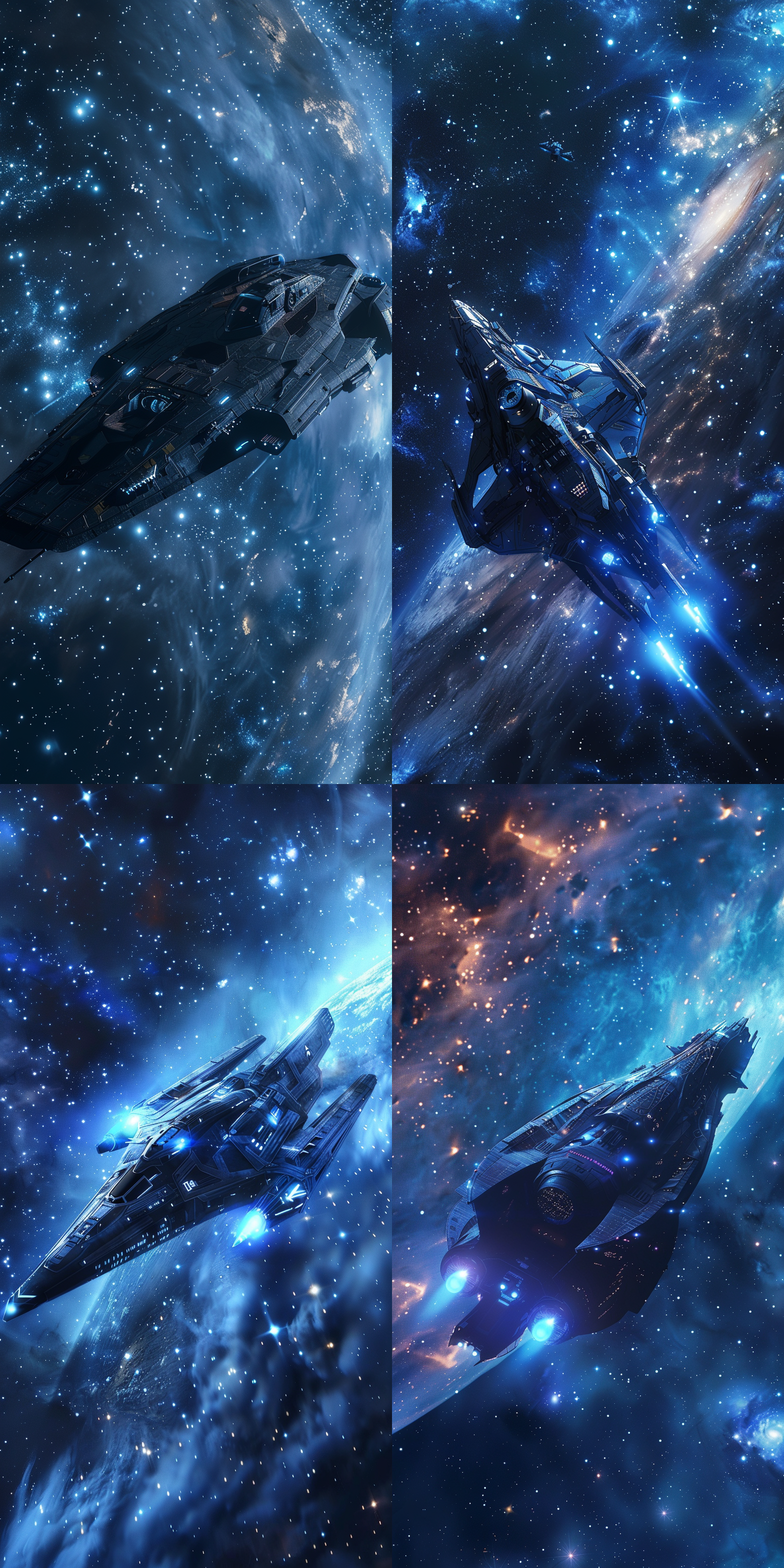 宇宙中的飞行机器，在星空中飞行，太空环境，科幻风格，长焦镜头，蓝色光芒，细节丰富，动感飞行，金属质感，神秘色调，震撼。宇宙星空背景，恒星，8k, 杰作，超高清分辨率，