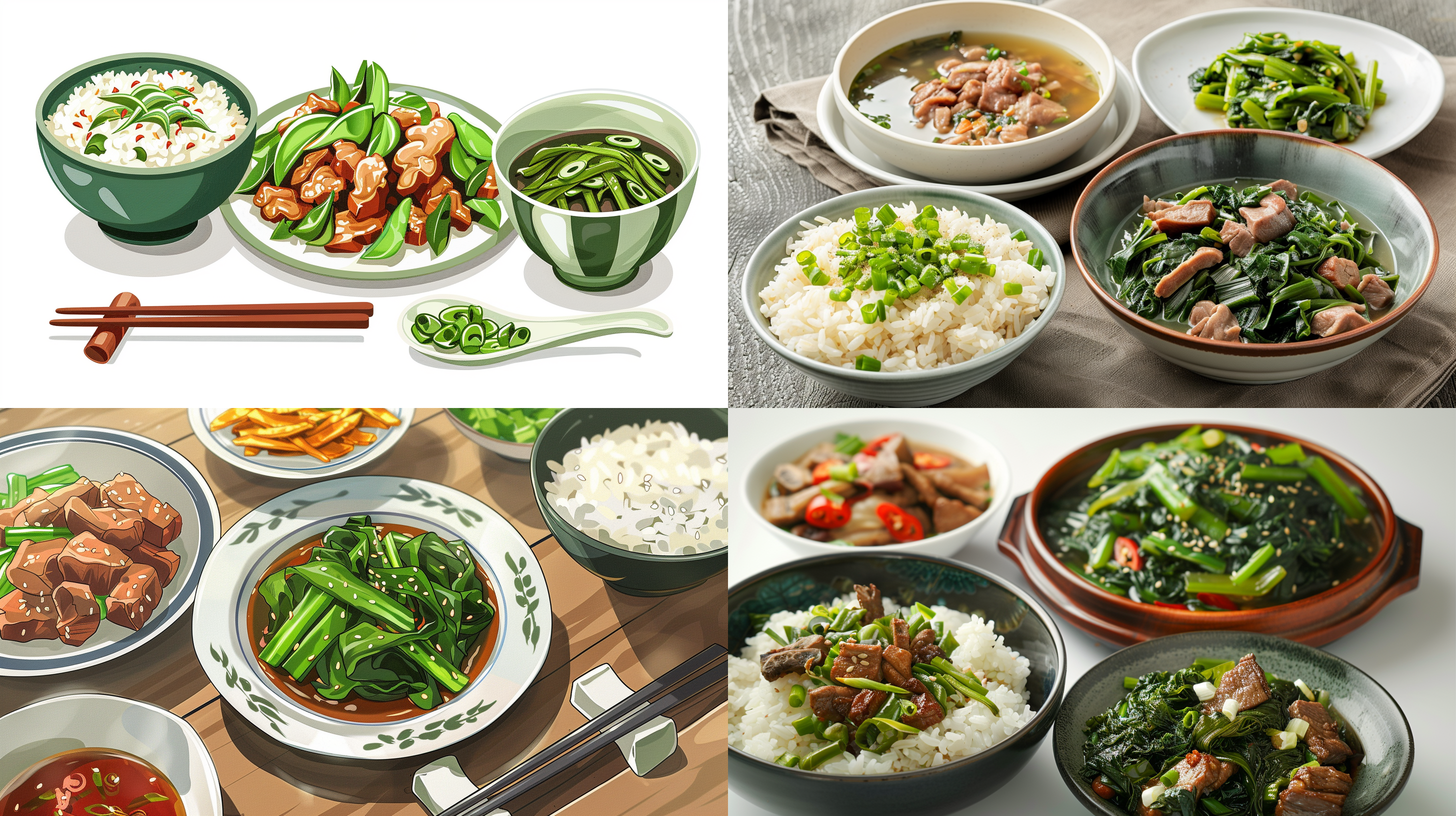 一碟绿色菜叶，一碗杂粮饭，一碟竹笋炒肉，一碗紫菜汤， 照片写实