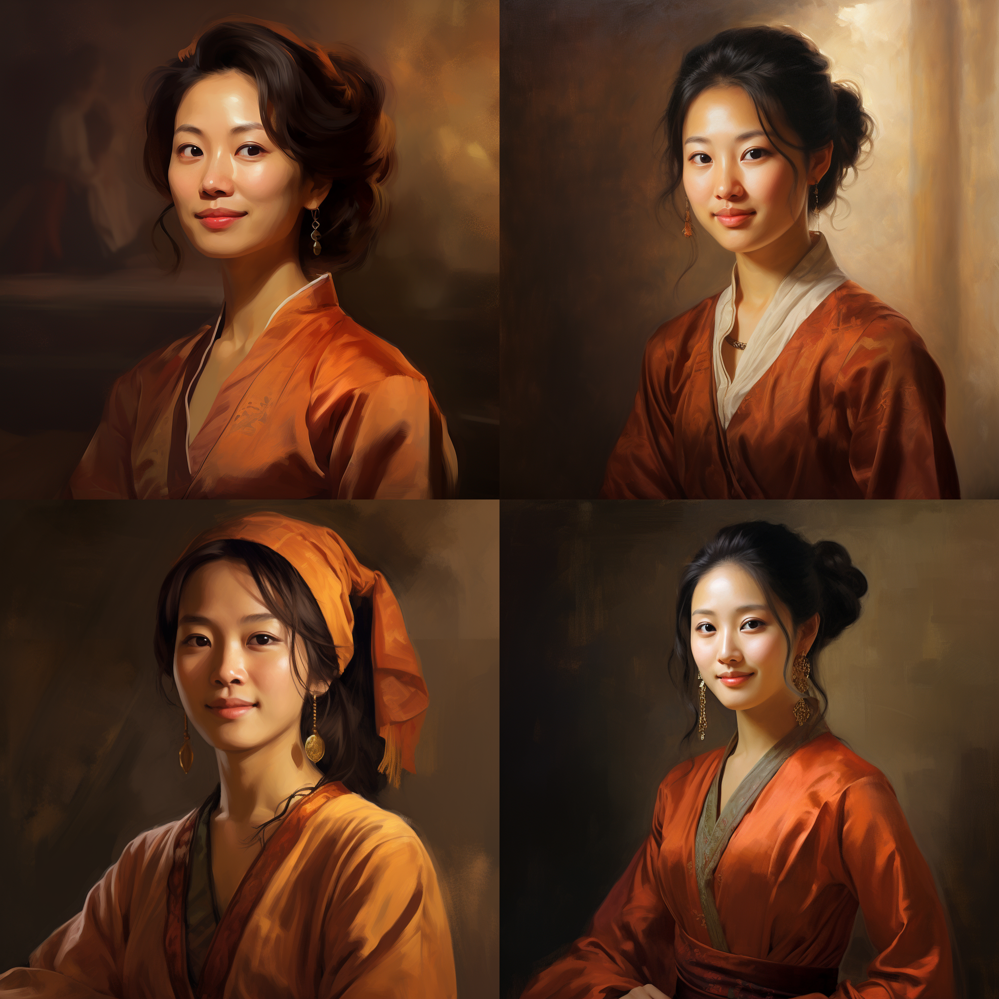 中国女人肖像，伦勃朗风格，优雅坐姿，微笑面容，古典服饰，暖色调，细节丰富，柔和侧光，画家风格，传统氛围，表现力强。